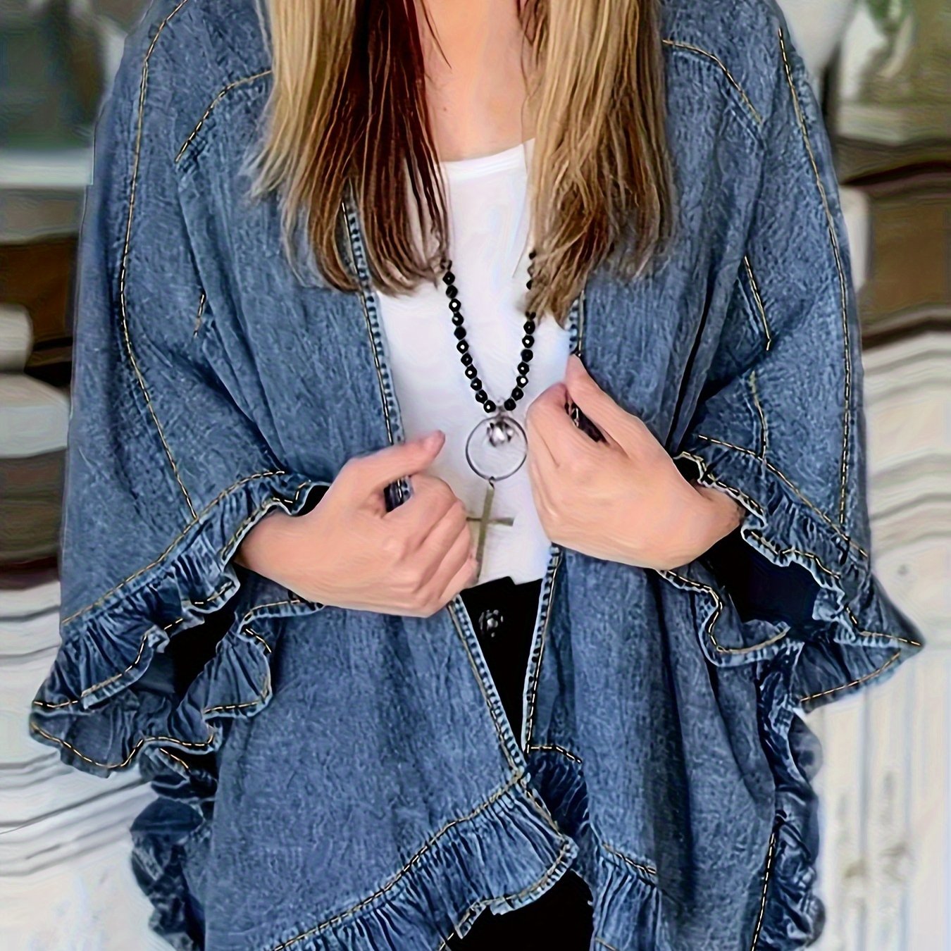 TEMU Women's Vintage Blue Denim Jacket - Loose Fit, Ruffle Shoulder Detail, Flared Sleeves, Spring And Autumn Comfortable And Classic, Casual Jacket