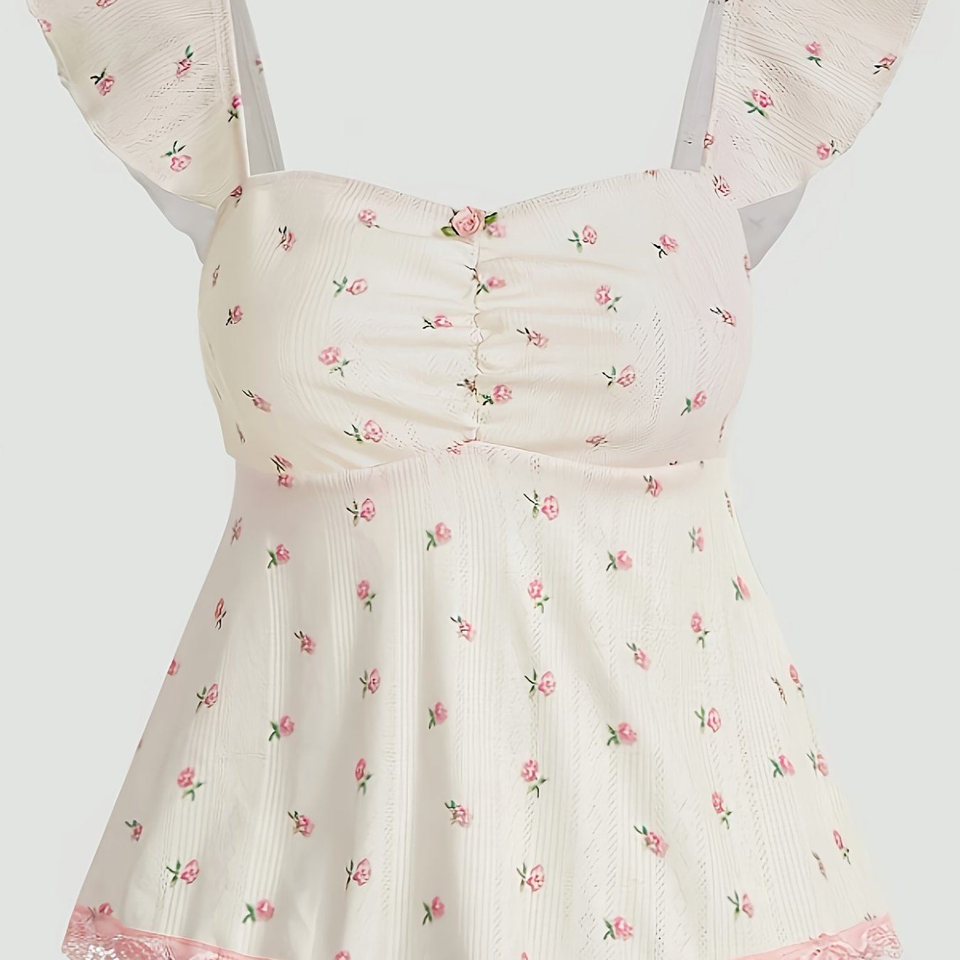 E-shop Damen Herzförmiger Ausschnitt Blumenmuster Ärmelloses A-Linien Oberteil, Sommer Französisches Süßes Slim Kurzes Oberteil, mit Rüschendesign