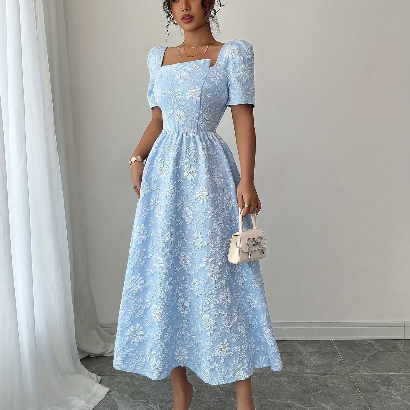 New Textured Short Sleeve Asymmetrical Back Pleated Slim Fit Elegant Dress