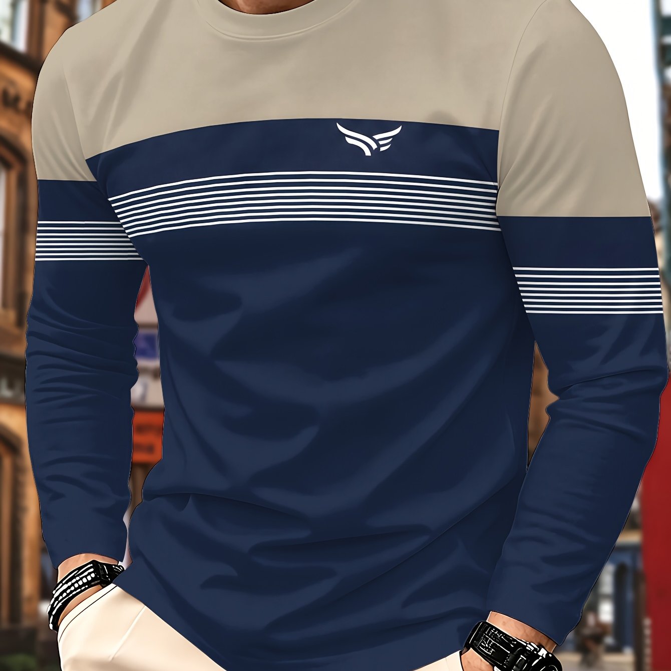 TEMU 1pc Men's Casual Long-sleeved T-shirt, Regular Fitted Round Neck, Comfortable And , Street Style, Fashionable Top, Soft Fabric, For Daily Casual