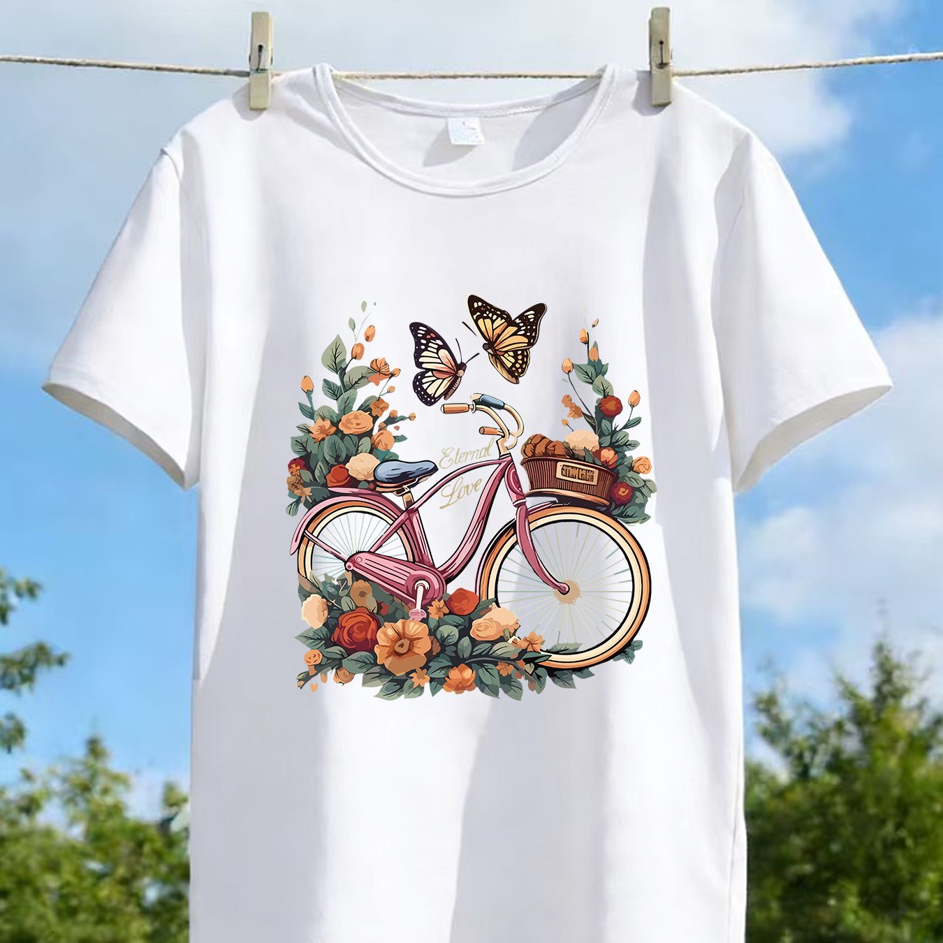 TEMU 1pc Women's Summer Short-sleeve T-shirtâvintage Bicycle And Floral Print Short-sleeve Top, Fashionable, Elegant, Unique, And Fun, Comfortable,