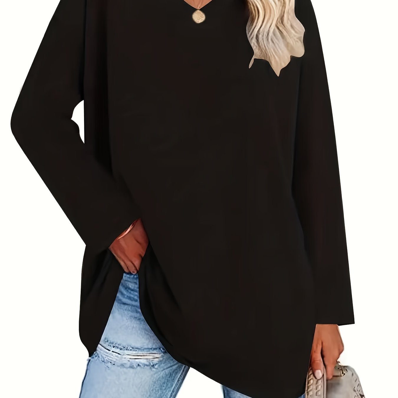 TEMU Plus Size, Damenmode V-Ausschnitt Langarm-Oberteil in Übergröße