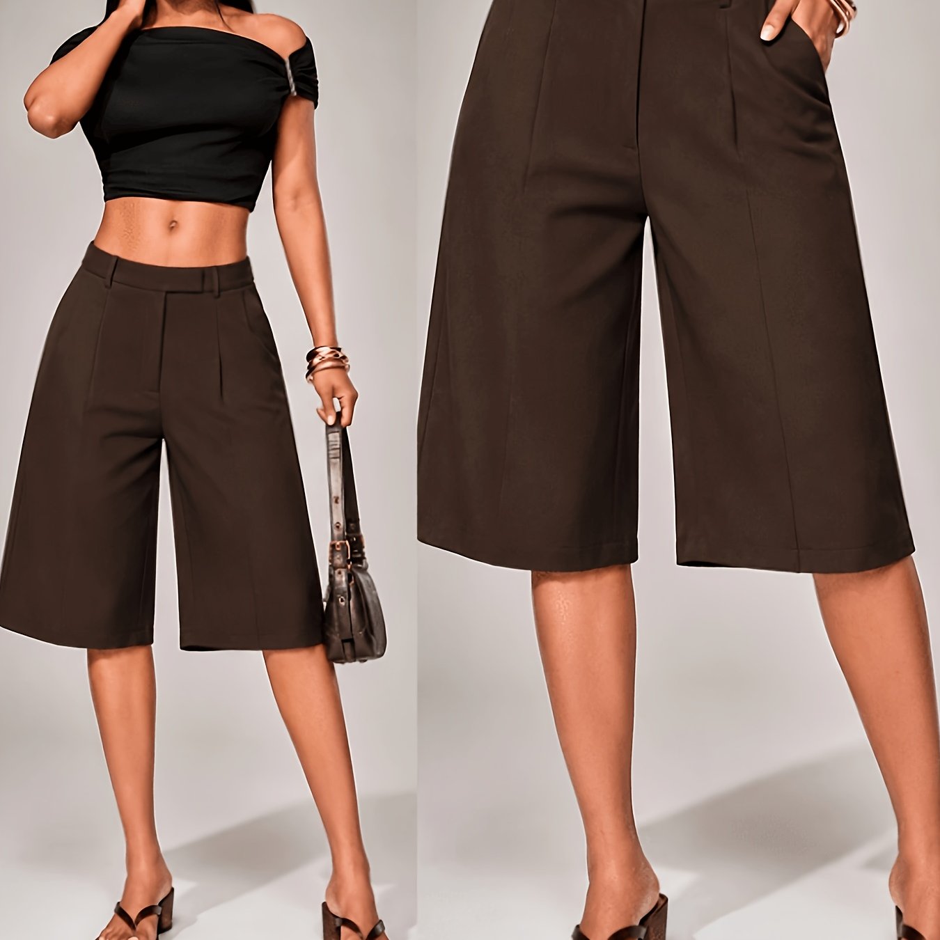 TEMU Women's Bermuda Shorts - High-waist Wide-leg Skort With Zipper Detail, Casual Business Knee-length Pants, Formal Shorts Suitable For Work