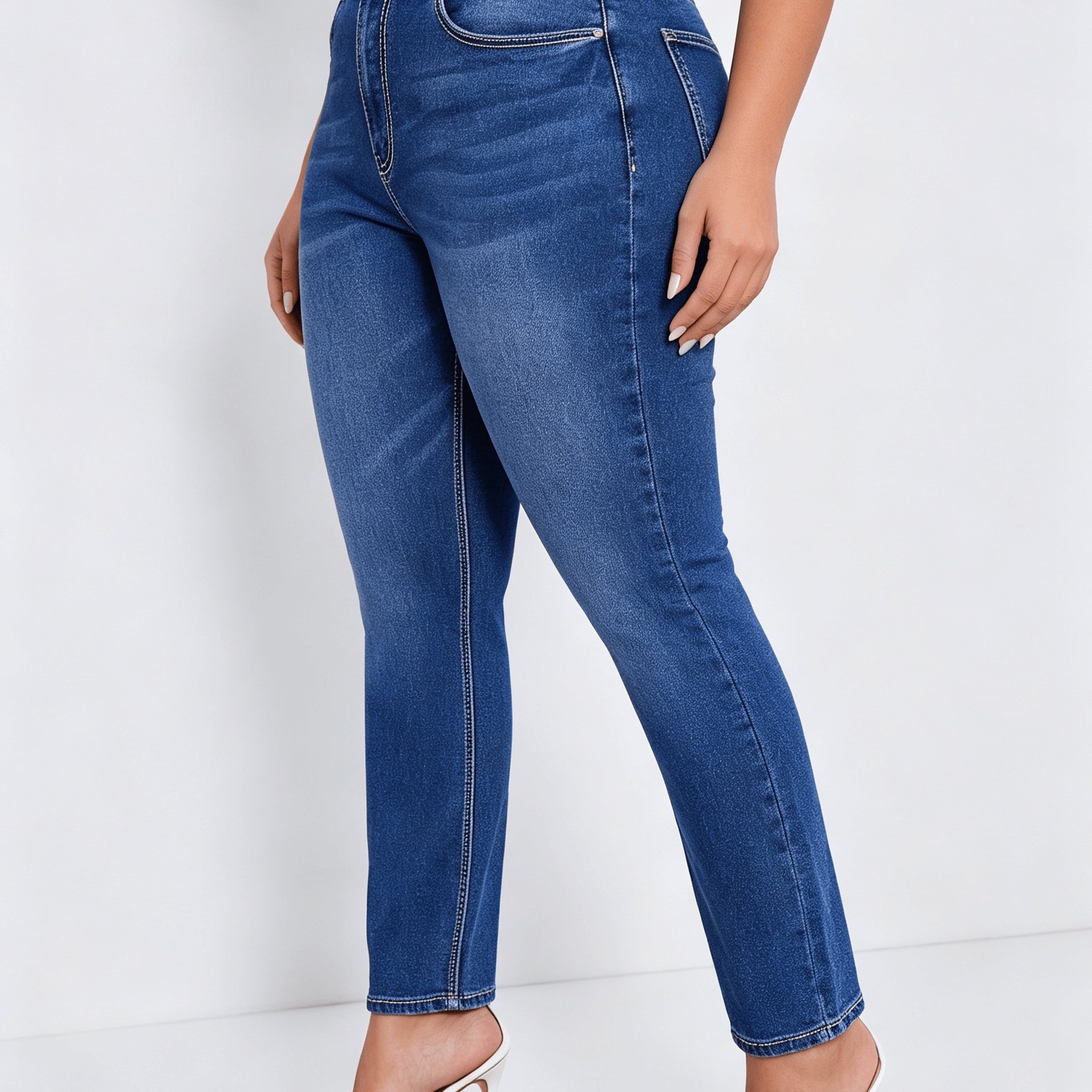 Plus-size Women's Slim-fit Casual Mid-stretch Vintage Straight-leg Pants, Women's Stretch Street Straight-leg High-elasticity Denim Jeans