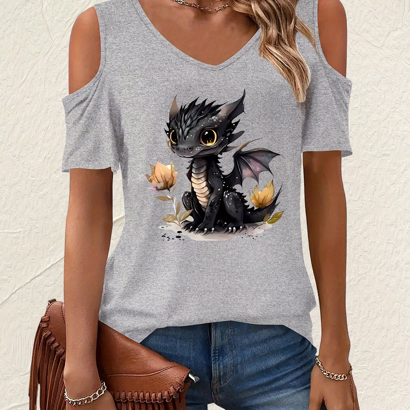TEMU Women's Off-shoulder Deep V-neck Graphic T-shirt - Cute Dragon & Floral Summer Top, Lightweight Short Sleeve Machine-washable Tee For Outfits,