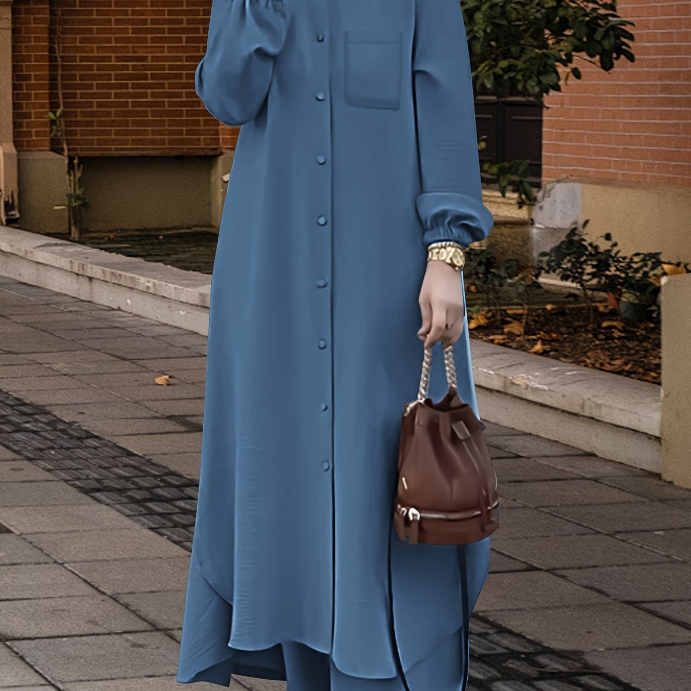 New Arabian 2pcs Abaya Set - Women's Elegant Multi-button Solid Color Long Sleeve Wide-leg Trousers Without For Ramadan Spring Autumn Daily