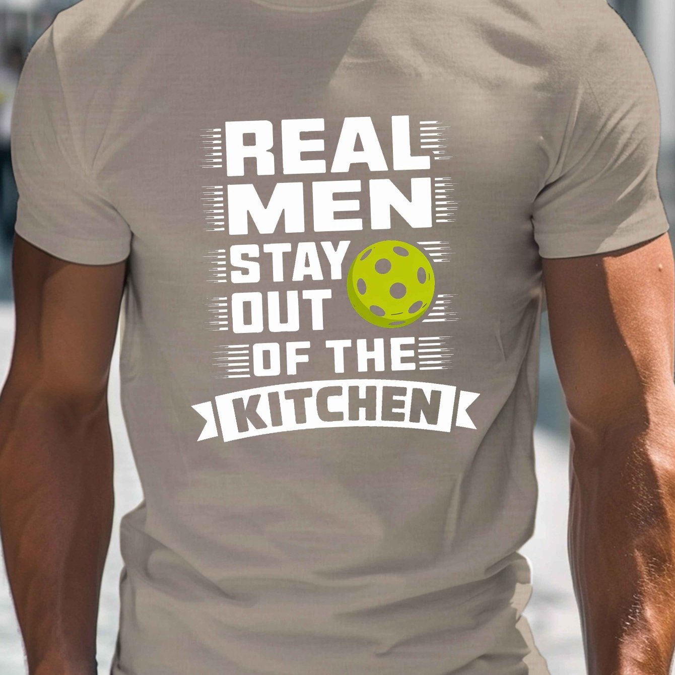 TEMU [durable] Men's "real Men Stay The Kitchen" Pickleball Graphic Tee - Casual Crew Neck Short Sleeve, Lightweight Polyester Summer Shirt