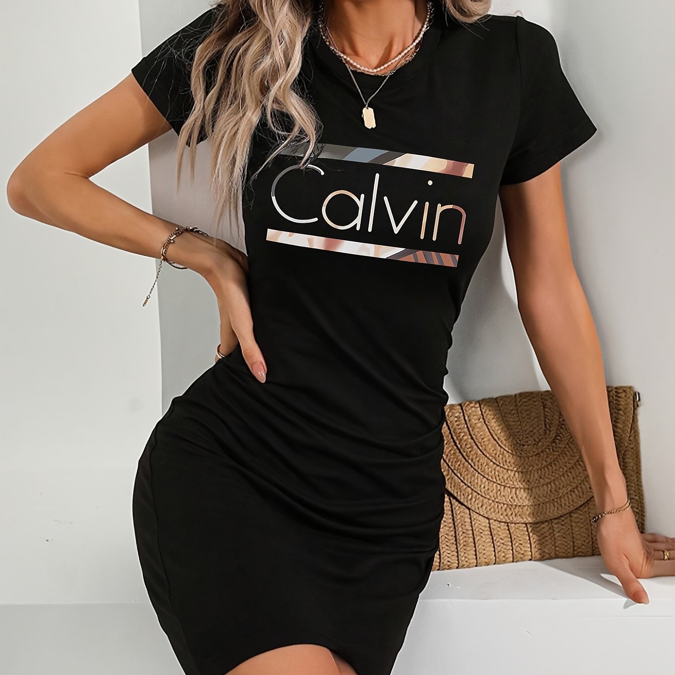 princess polly baby blue dress Short Sleeve Cinched Waist Underbust Seam Detail T-Shirt Dress In Black |  EGO US main image 0