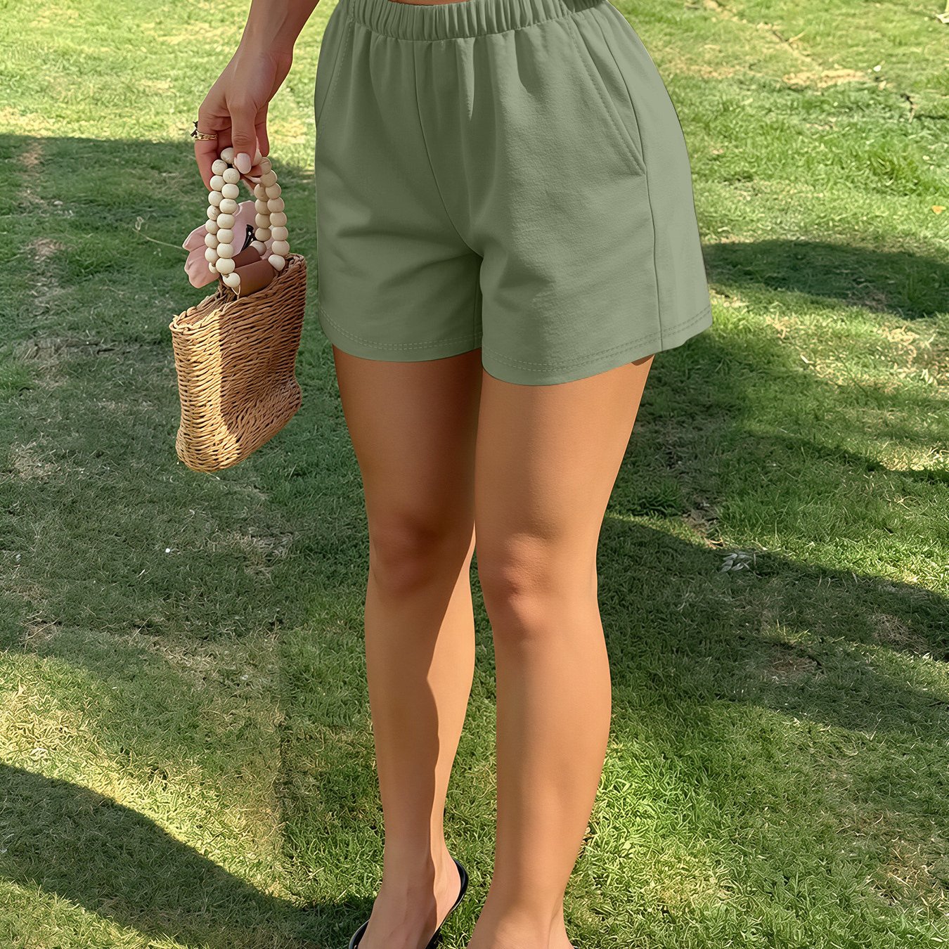 TEMU Solid Color Shorts, Elastic Waist Fits Body Shapes, And Leg-lengthening, -stop Casual Item For Home Or Going Out