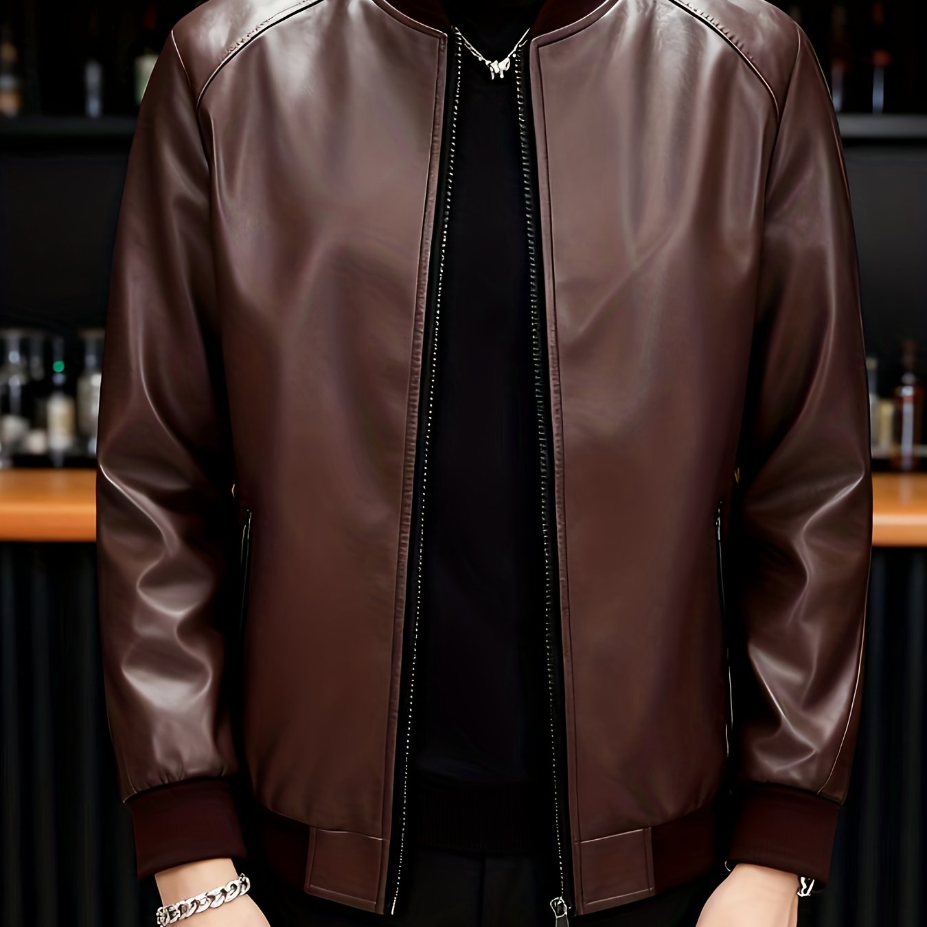 TEMU [Wanren Mountain OBM] Chaqueta de estilo para hombre con cuello de béisbol negro brillante, ropa de abrigo y casual de estilo motero para todas