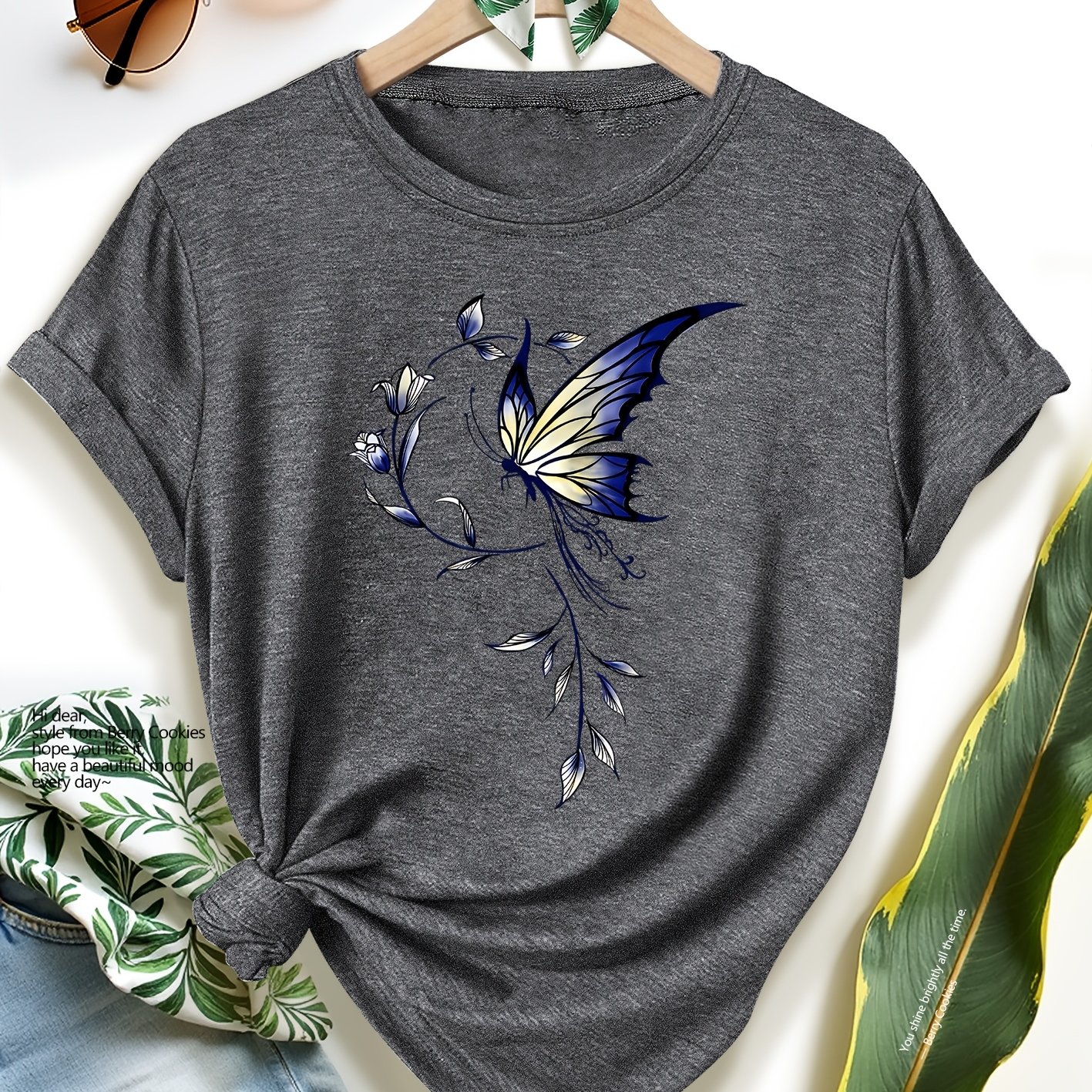 TEMU 2026 New Women's Short-sleeve T-shirt With A Blue-purple Gradient Floral Print, Perfect For Spring, Summer, And Autumn. Elegant And Versatile,
