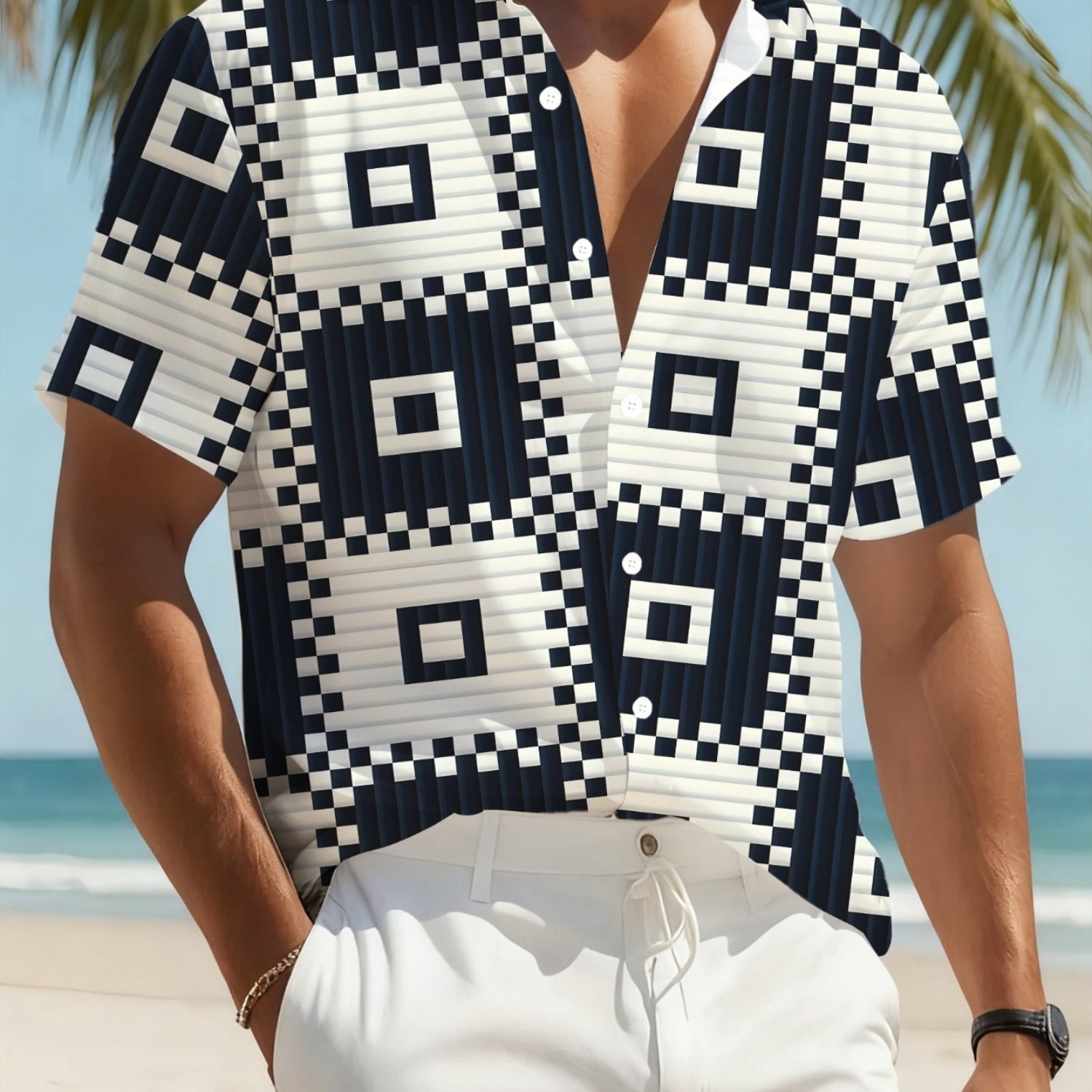 TEMU Men's Tropical Hawaiian Shirt - Black And White Checkered Print, Short Sleeves, Casual Button-up, Lightweight Polyester For Summer