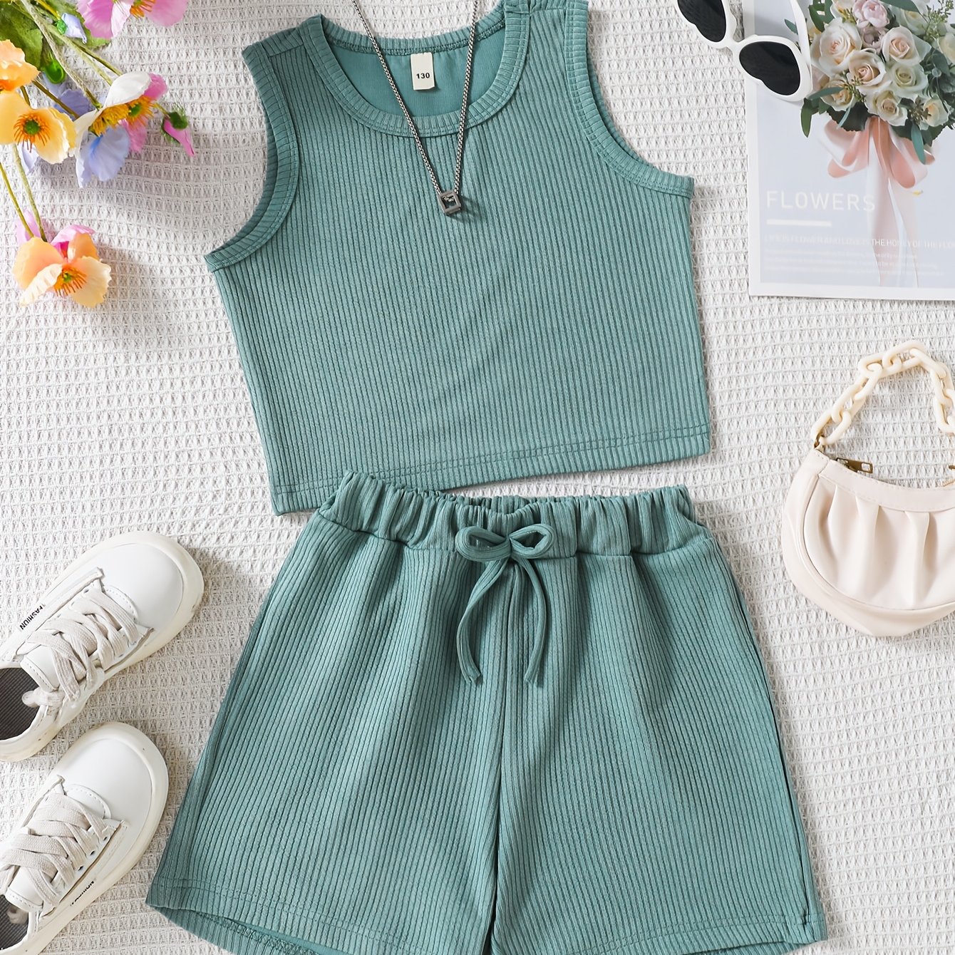 Image of 2pcs Set Girls' Summer Fashion Sleeveless Top And Shorts Set Is Machine Washable, Casual, Girls' Sizes, Perfect For Outdoors