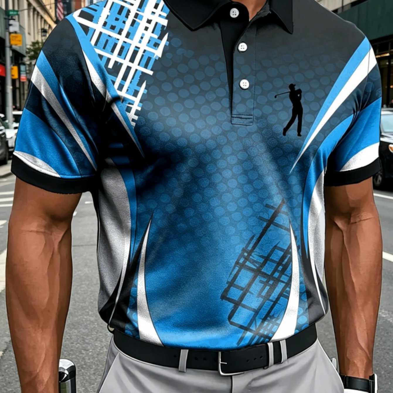 TEMU Men's Casual Short-sleeve Shirt With Geometric Stripes And Golf Pattern Print, Suitable For Daily Casual Wear