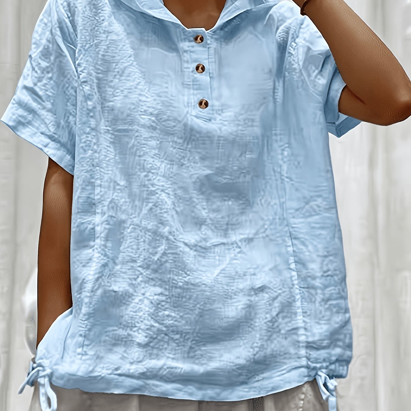 TEMU Summer Cross-border New European And Casual Loose Solid Color Hooded Short-sleeved Front Button Pullover Shirt