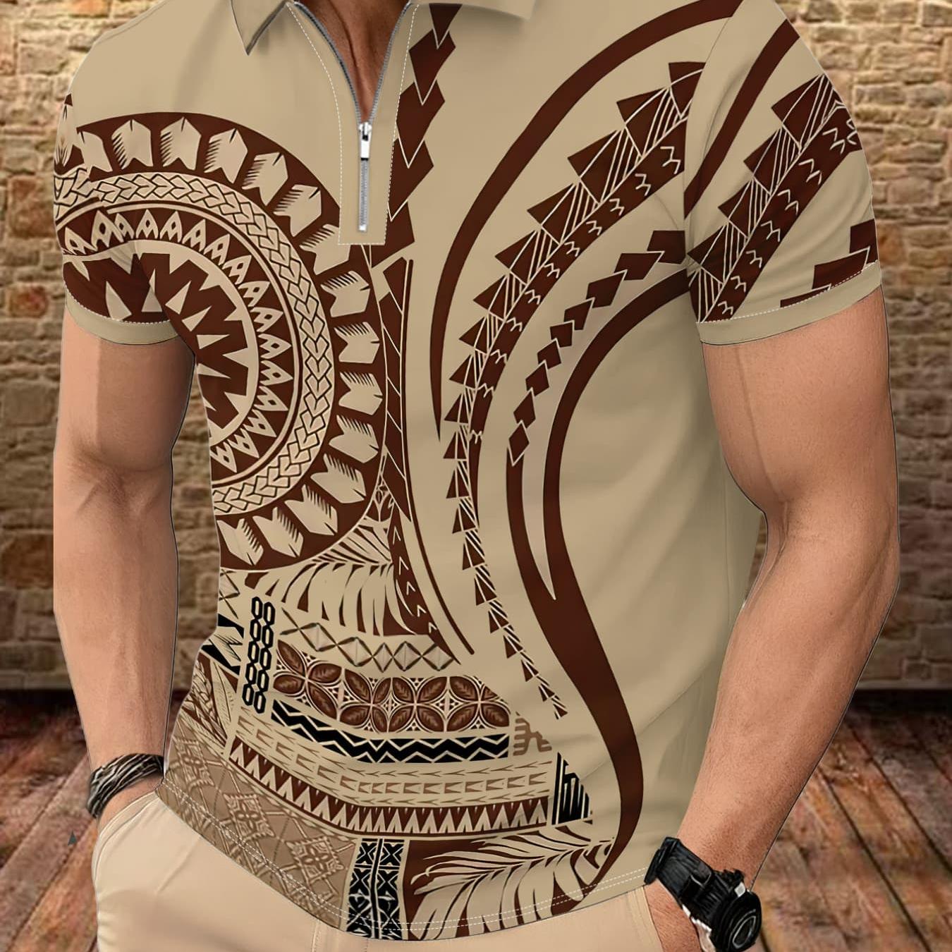 TEMU Men's Summer Vintage Polynesian Tribal Printed Zip Collar Shirt, Casual Slim Fit Breathable Short Sleeve Top, Versatile Fashion Wear For Daily