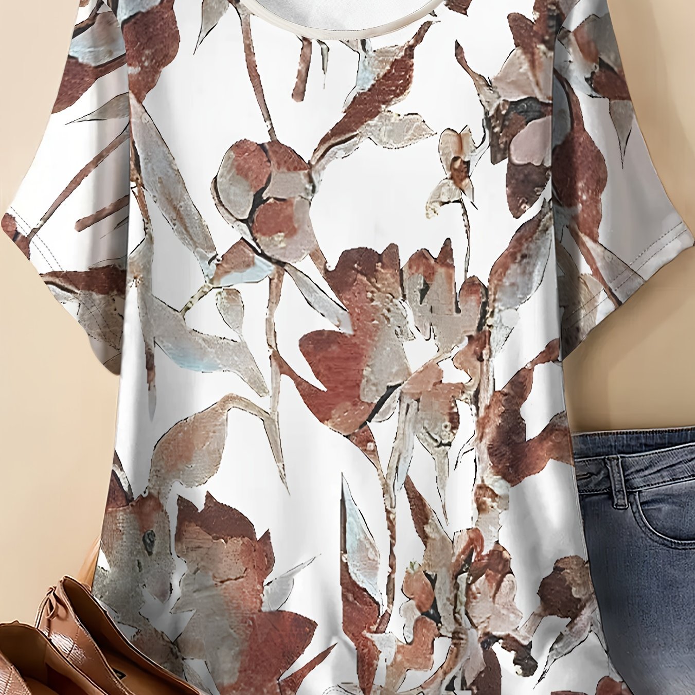 TEMU Vintage Watercolor Printed T-shirt With A Loose Fit, Round Neck, And Short Sleeves, Perfect For An Artistic Casual Look