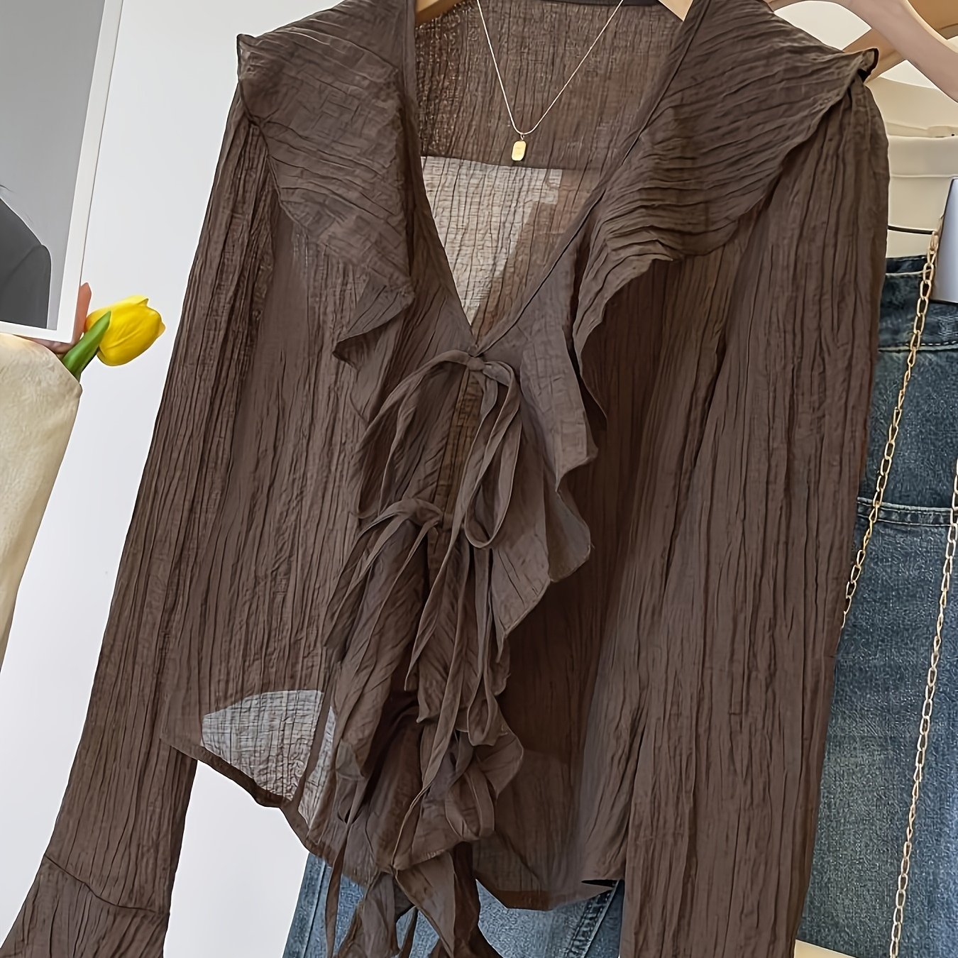 E-shop Elegante Damen Cardigan für Herbst und Winter in Unifarben mit plissierter V-Ausschnitt, langen Ärmeln und modischem Design