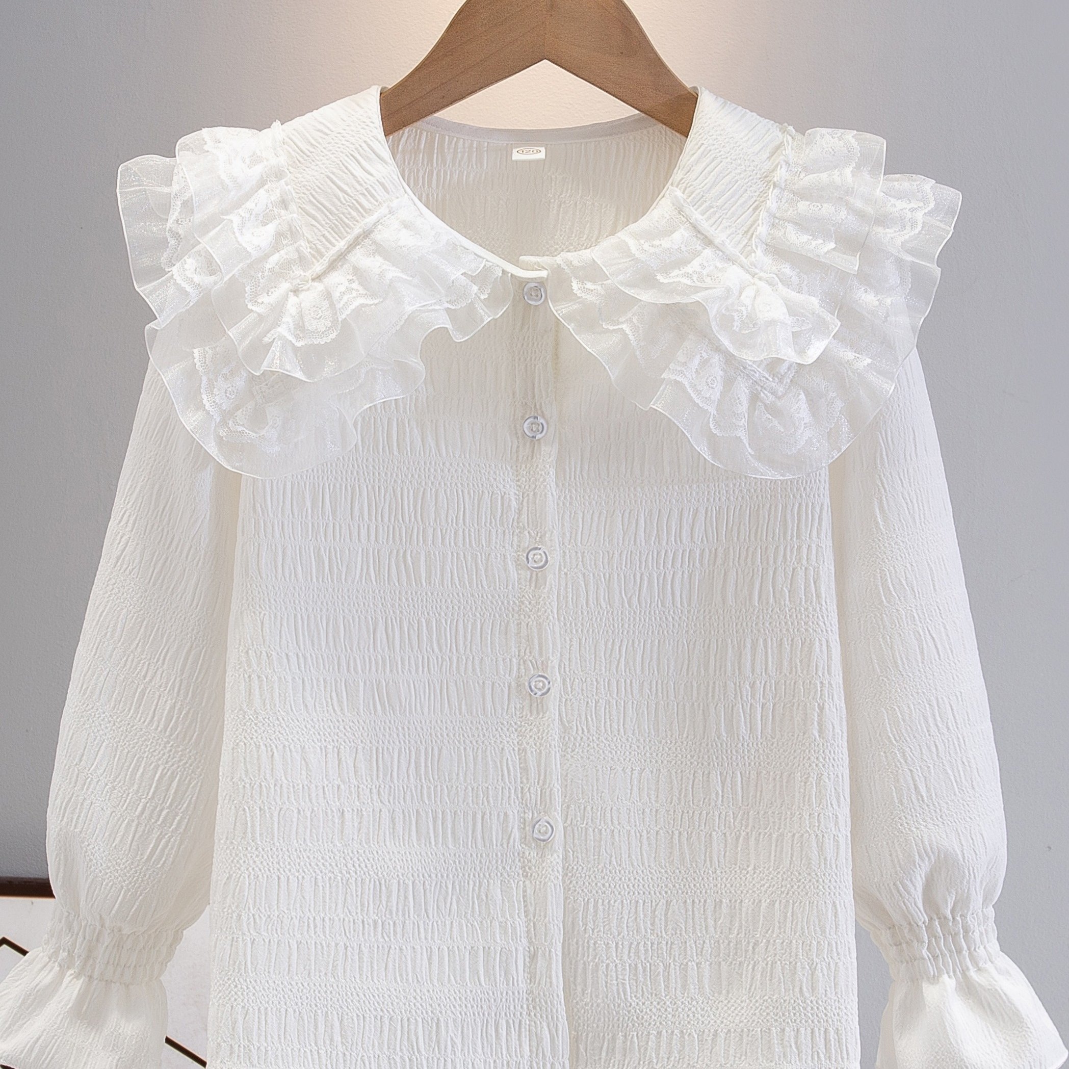 Image of 1pc Girls' Long-sleeve Chiffon Shirt With Collar, Sweet Academic Style, Polyester, Solid Color, Spring/fall Casual Wear For , Girls Shirts