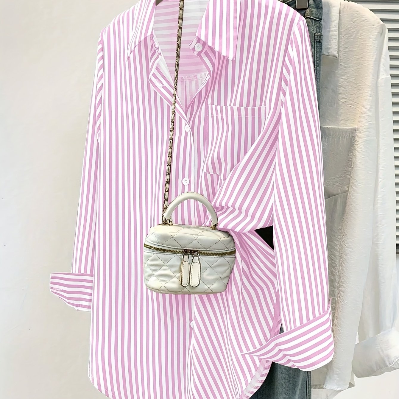 TEMU Chemise Élégante à Rayures pour Femme avec Poche Poitrine - Blouse à Manches Longues Boutonnée pour Bureau et Tenue Décontractée, Rayures