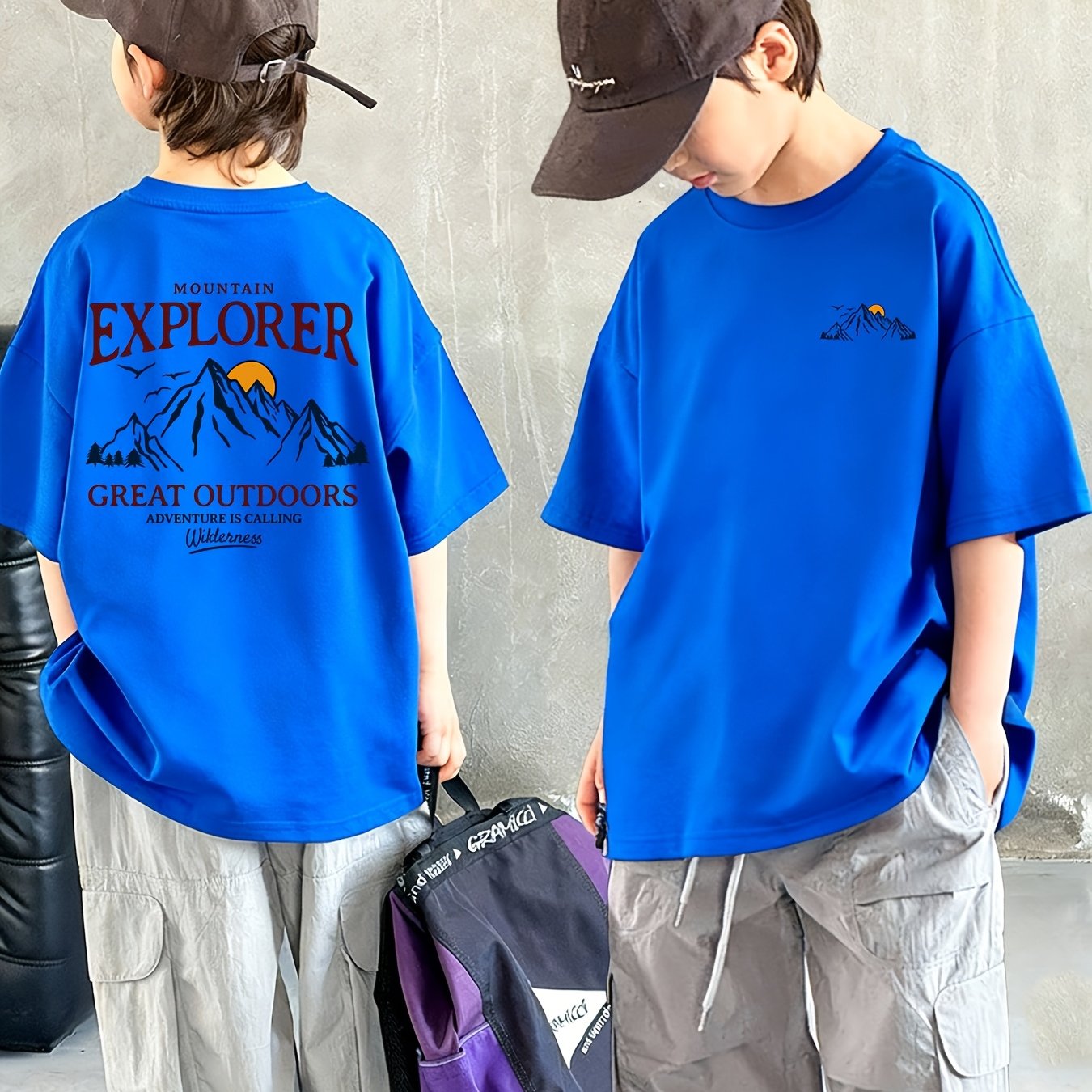 TEMU Fashionable And Versatile Trendy Boys' Clothing, Boys' Medium And Large Sizes, Niche Blue Regular Short-sleeved T-shirt