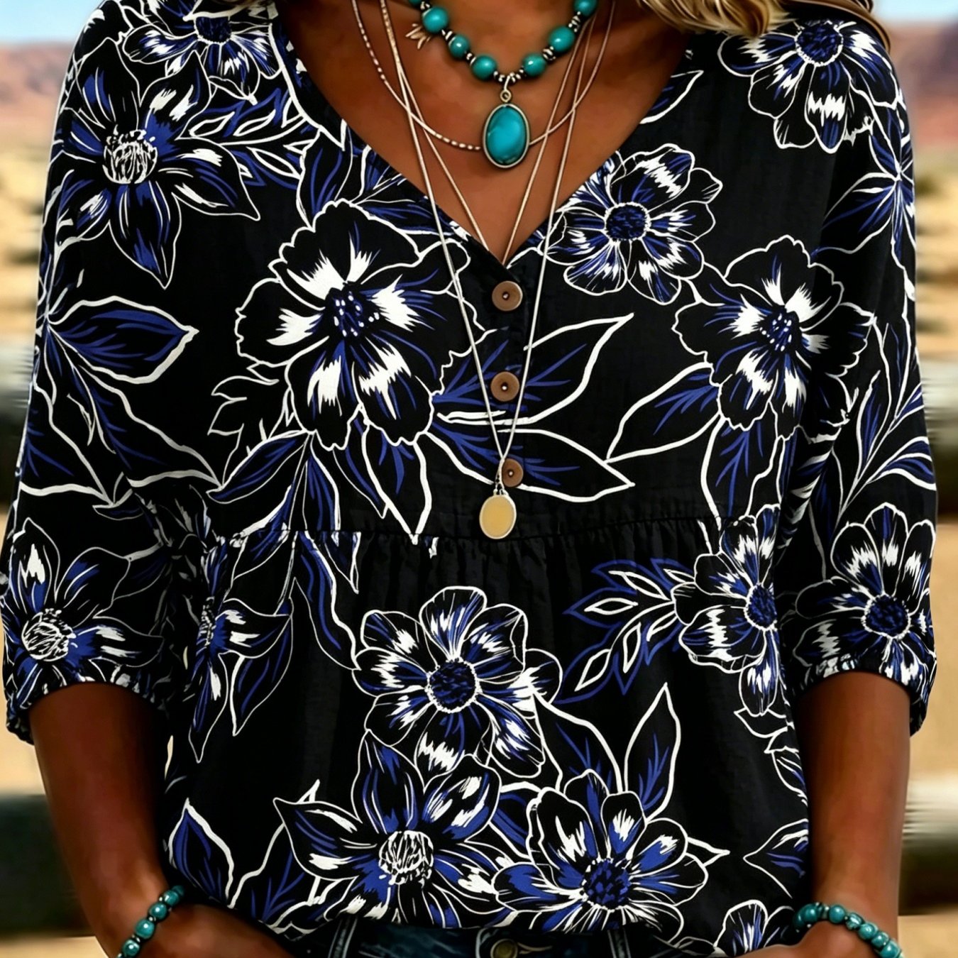 Vintage Women's Bohemian Floral Print Babydoll Shirt Summer Loose V-neck Half Sleeve Casual Button Blouse