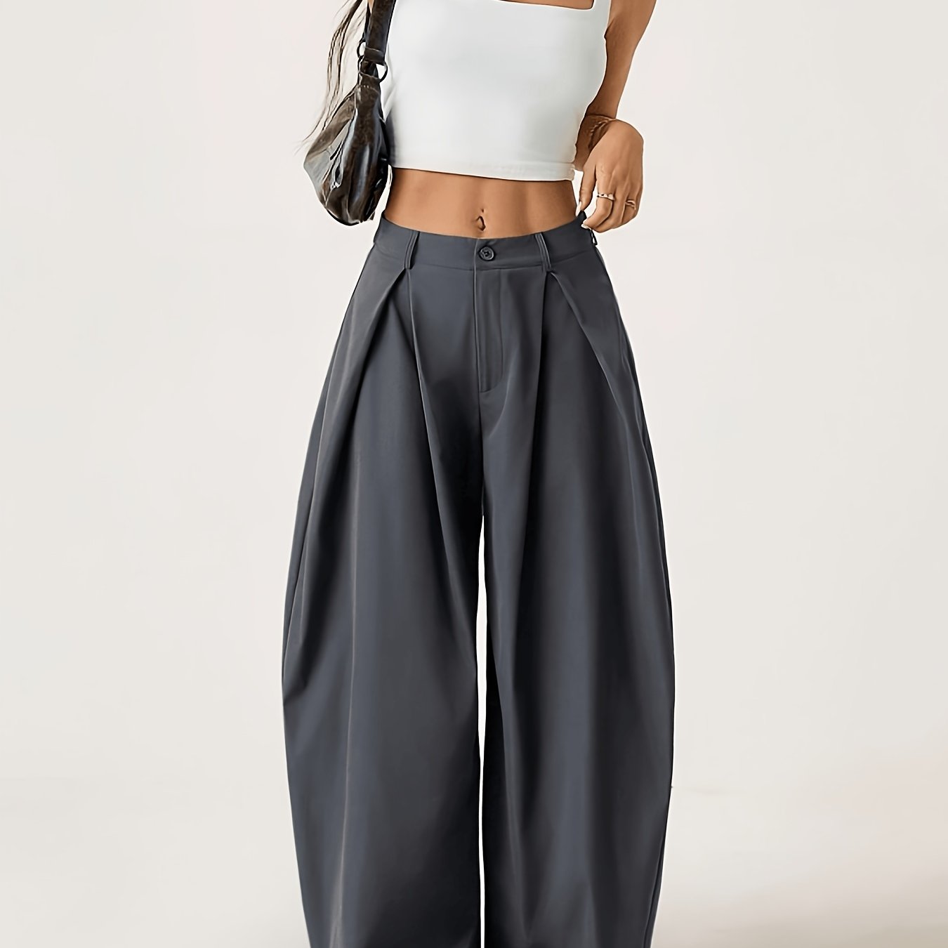 TEMU Elegante vintage wijde broek met zoom & smock/plooidetail - losvallende kleur broek geschikt voor streetwear, kantoor, reizen, thuis -