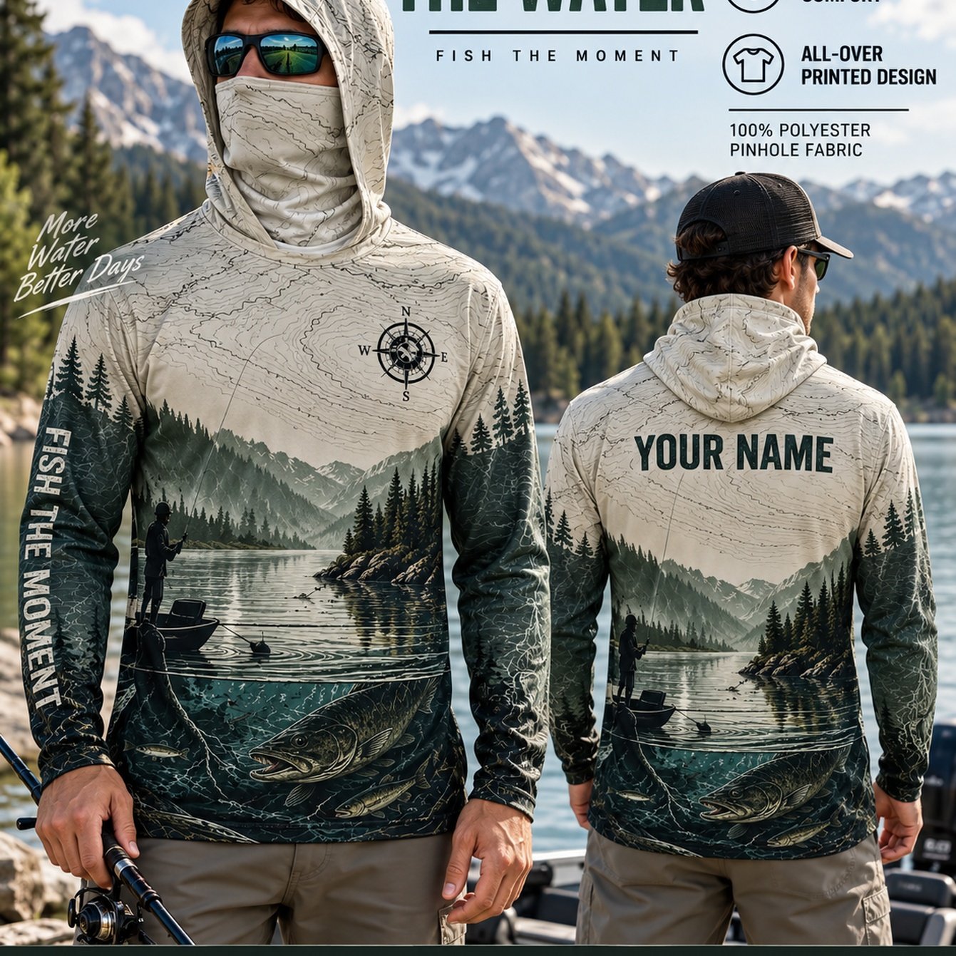 TEMU Custom Fishing Hooded Shirt, Retro Map Compass Pattern -one Fishing Suit With Hood, Custom Name Available, Skin-friendly Smooth Fabric, Suitable