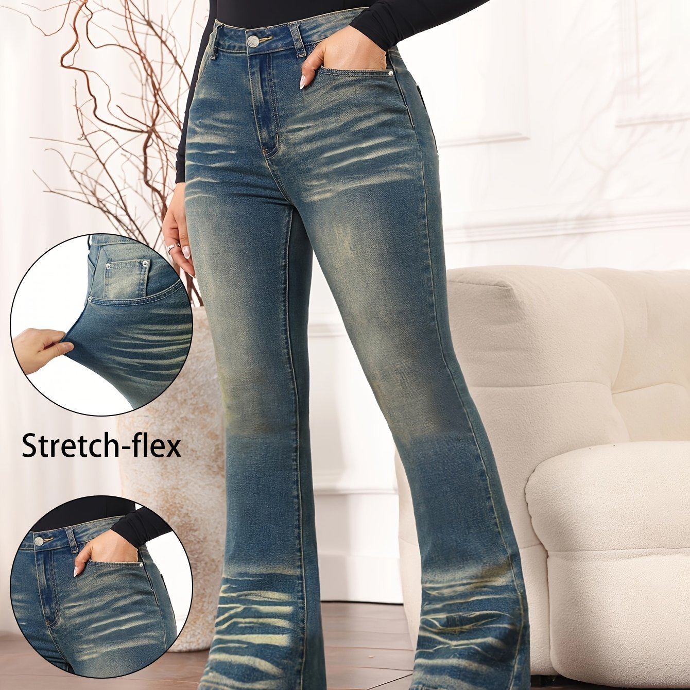 Halloween Women's Party Jeans, High Elasticity, Retro Embroidery, Washed, Fitted, Micro Flared Denim, Micro Flared Pants