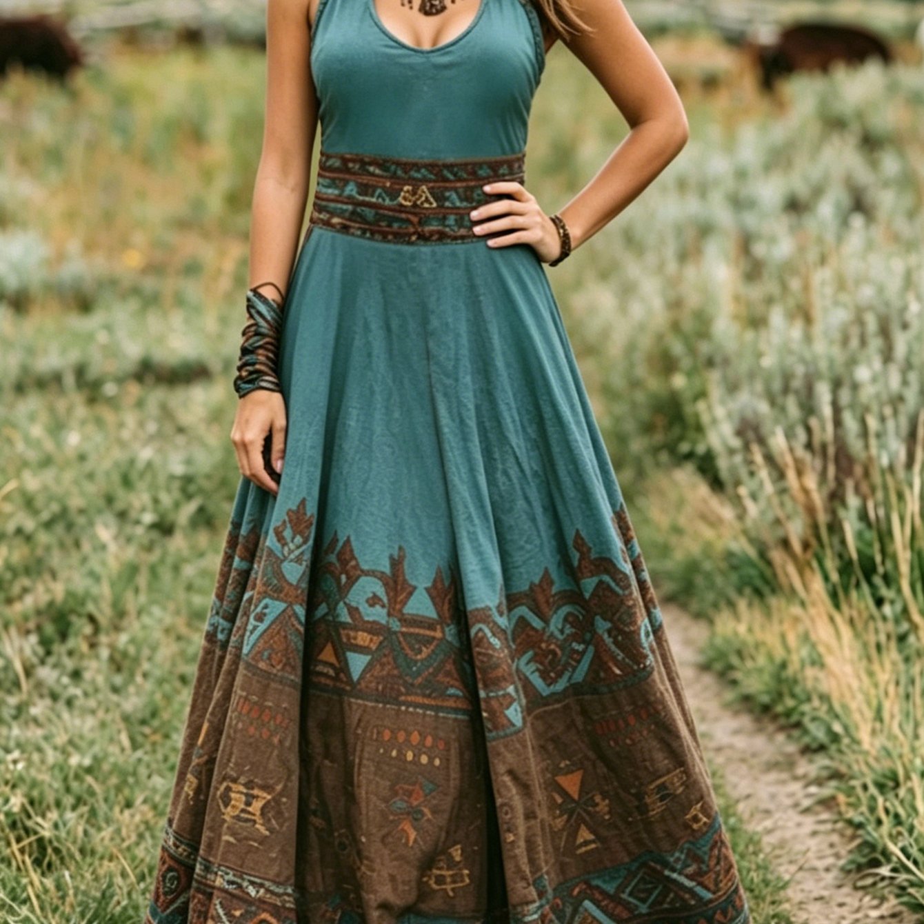 Image of Women's Bohemian-style Sleeveless V-neck Maxi Dress- Summer Ethnic-style Long Dress With Flared Hem(teal& Brown Color-block)- Tribal-inspired Loose-fit Maxi Dress- Vacation& Casual Dress