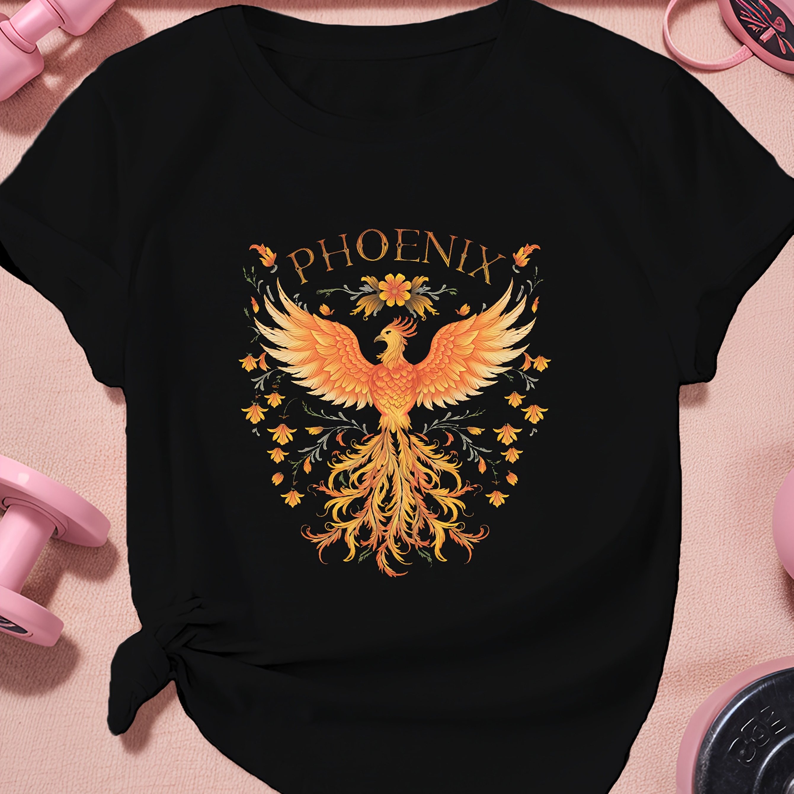 Image of Plus Size, Phoenix With Floral Elements Women's Plus Size S Short Sleeve T-shirt