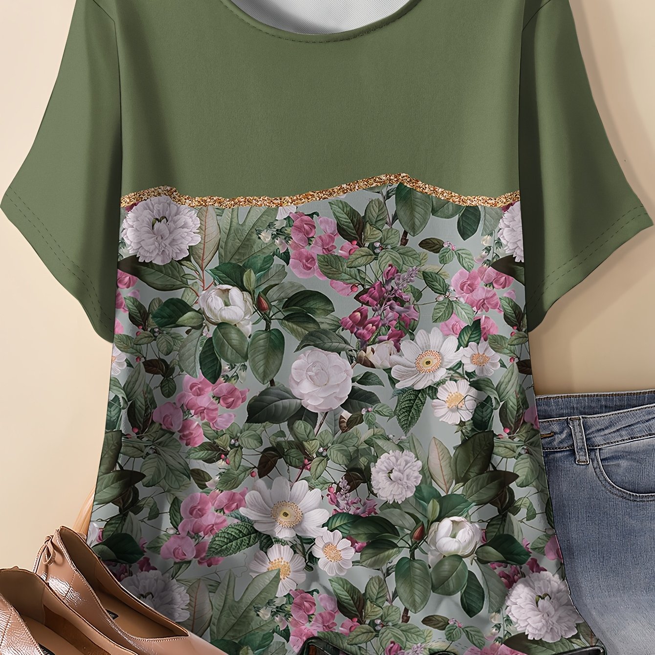 TEMU Women's Olive Green Blouse - Loose-fit Round Neck Short Sleeve T-shirt With Golden Accent & Botanical Print (olive Green/pink/white), Breathable