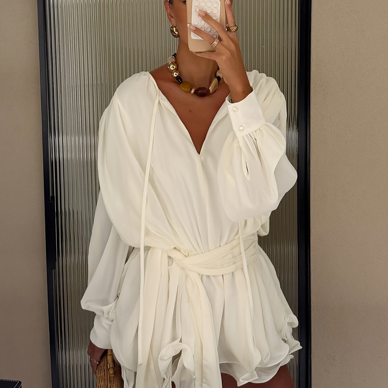 Rapcopter Layered Lace-up Puff Long Sleeve Elegant Dress Women's V-neck Button Ruffle Elegant Vacation Party Dress Fall Winter Japanese Korean Special