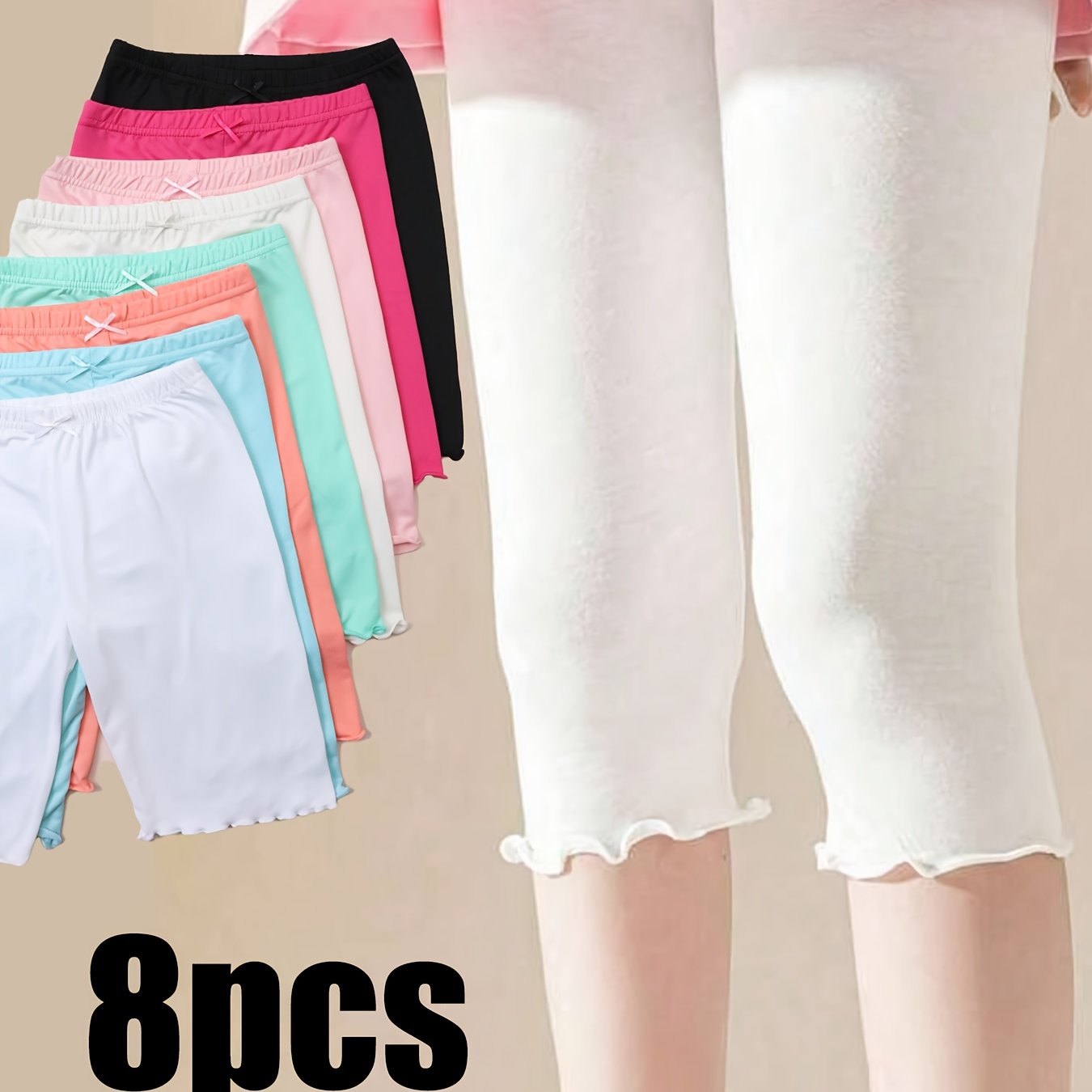 8-pc Of Girls' Cute Solid Color Versatile Comfortable And Safe Shorts With Small Bows, For Outdoor