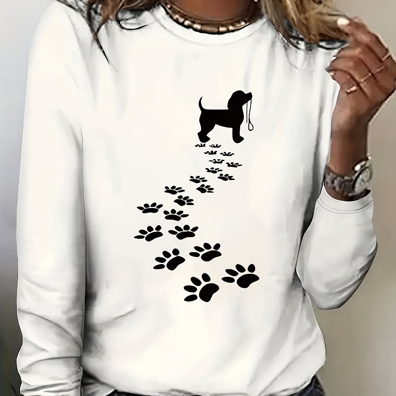 TEMU Women's Casual Long Sleeve Crew Neck T-shirt With Dachshund Paw Print Design - Soft Polyester Blend, Relaxed Fit For Spring & Fall, Dog Lover