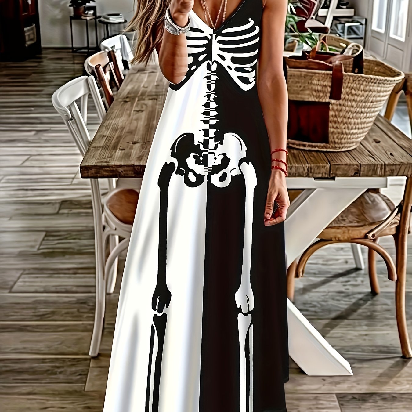 TEMU Vestido camisola elástico con estampado de esqueleto, vestido tipo camiseta casual, un regalo especial para Halloween