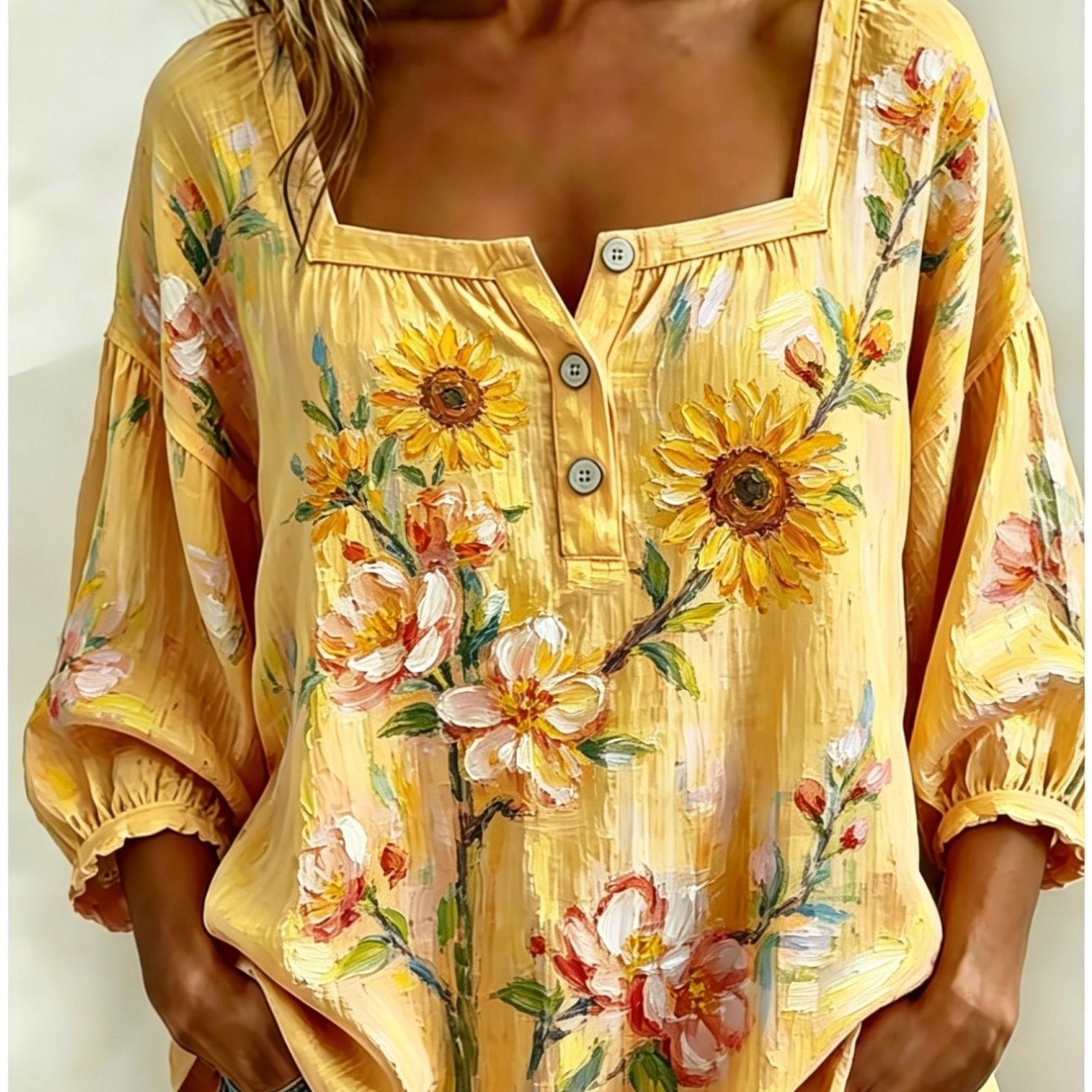 TEMU Elegant Square Neckline V-neck Button- Blouse, Sunflower Print Vintage Style, 3/4 Sleeves Elasticated Ruffle Puff Sleeves, Style, Mother's Day