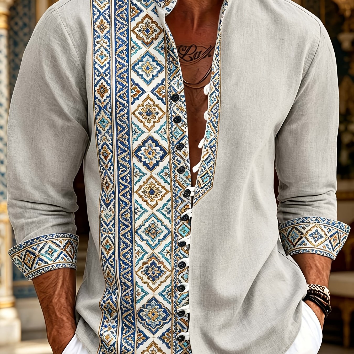 Image of Men's Dress Shirts Ethnic Boho Tribal Print Breathable Lightweight Fabric Casual Bohemian Chic Tops For Daily Wear Festival Events Father's Day Gift Summer Essential