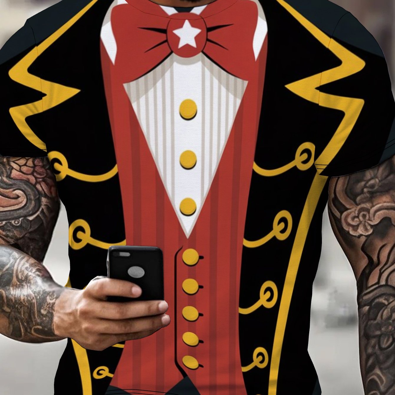 TEMU Men's Circus T-shirt - Tailcoat Formal Attire With Circus-themed Print, Short Sleeve Crew Neck Casual Summer Wear Suitable For Themed Parties,