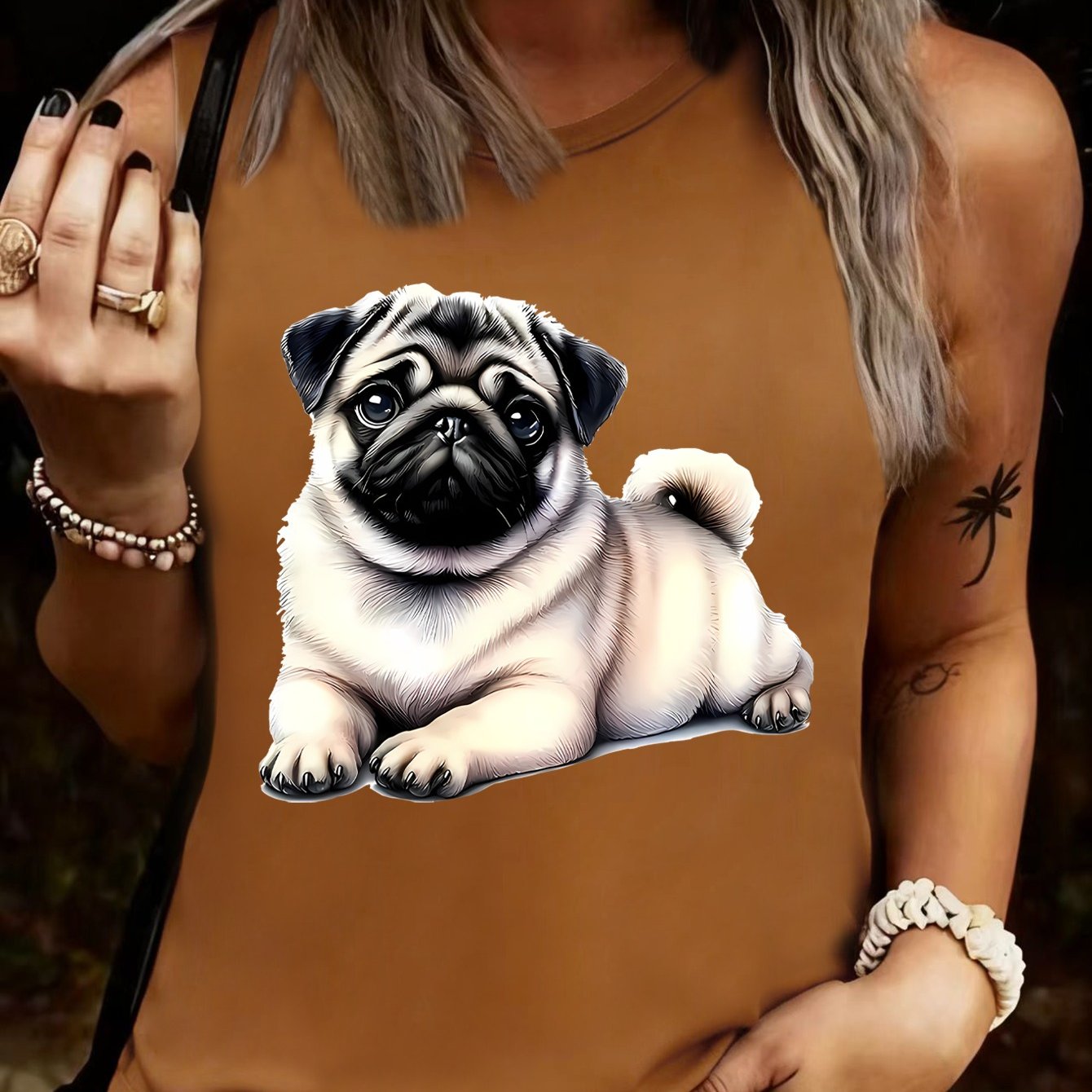 TEMU Pug Dog Print Sleeveless Top - Soft Summer Tank Shirt With Pug Face & Geometric Patterns, Pug Mom Outfit Gift For Pug Lovers, Machine Washable