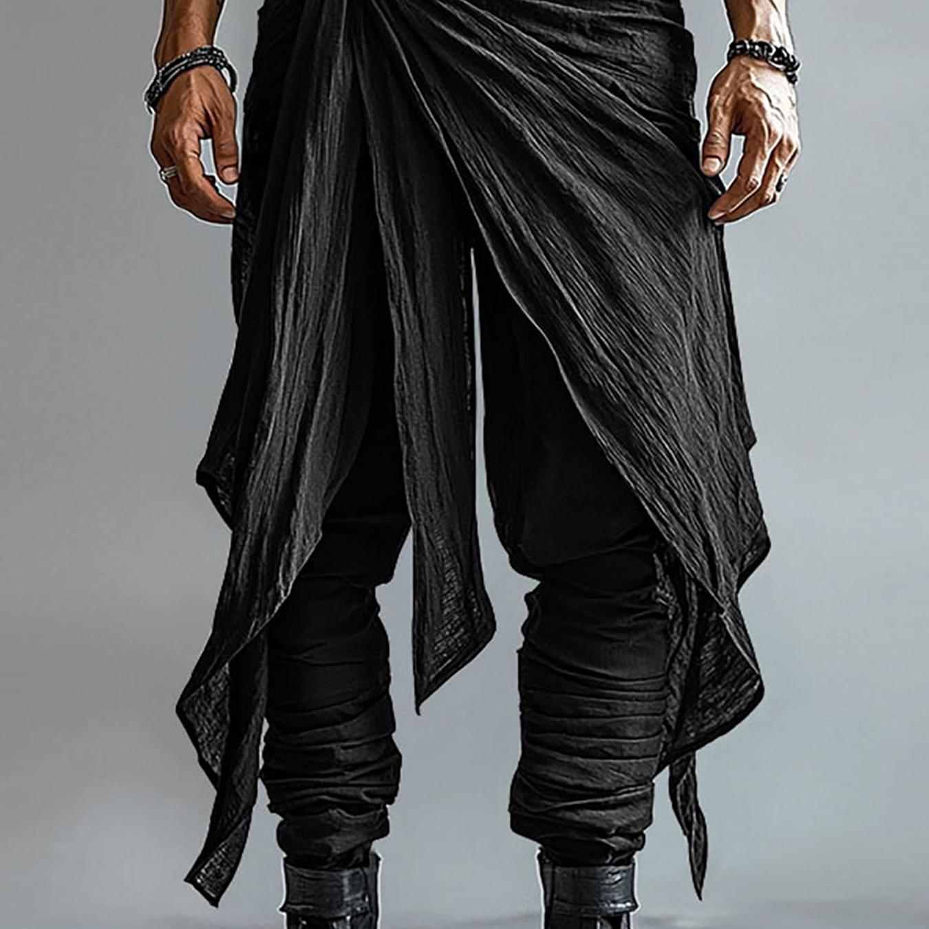 Image of Incerun Men's Shirring Trousers Lace-up Elastic Waist Solid Color Baggy Fake Two-piece Hippy Casual Pants