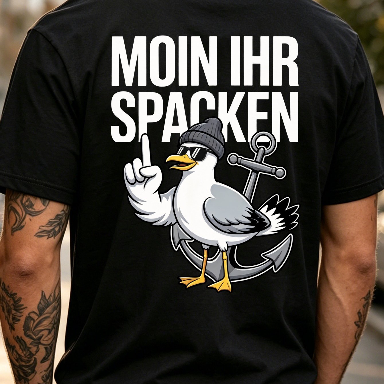 Image of Trendy New Style Back Print Funny Unisex T-shirt Black Seagull With Anchor And Text Moin Ihr Casual Wear For Everyday Holiday Gift 100 Fashionable Versatile Daily Leisure Outfit Short Sleeve