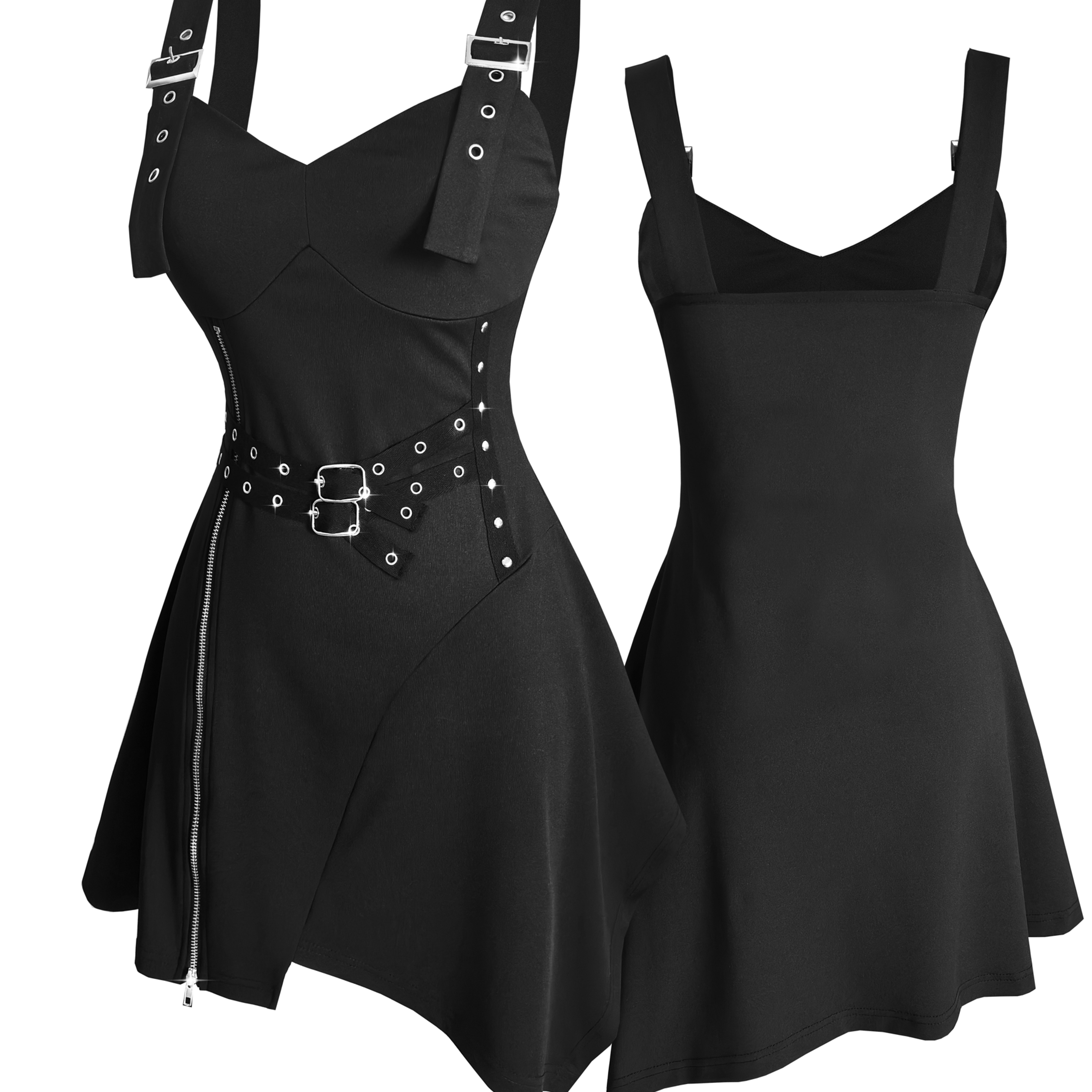 E-shop Gothic Damenkleid, Rock--Style, lässig, mit Reißverschluss-Schlitz, asymmetrischem Saum, mit Metallösen verziertes Slim-Fit-Mini-Kleid