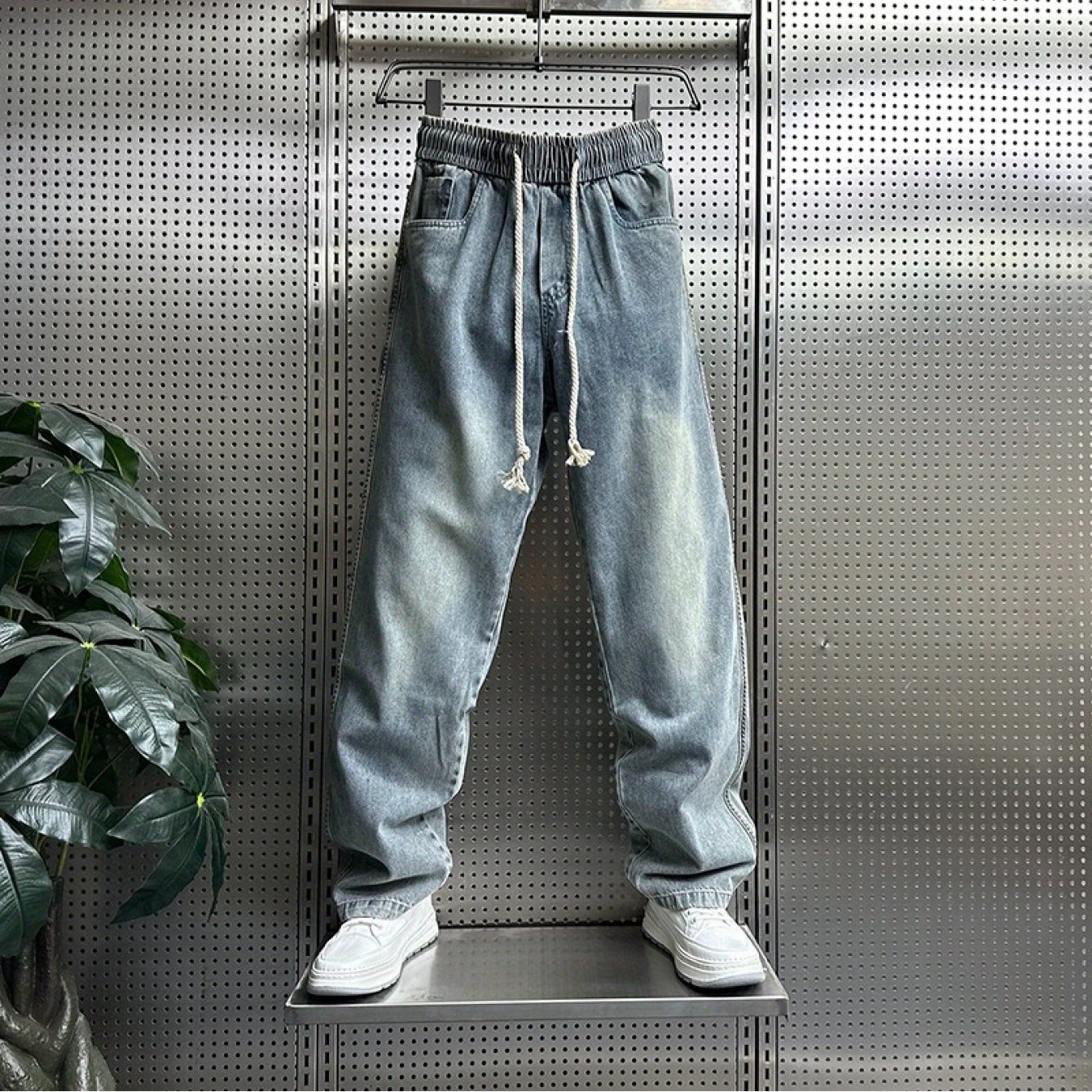 TEMU メンズ ワイドレッグ スフィット デニムパンツ - ルーズストレートレッグ ジーンズ ドローウエスト付き オール対応 ヘビーデューティ カジュアルウェア (メンズウェア)