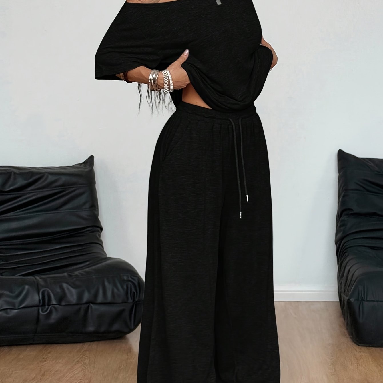 TEMU 2pcs Solid Color Casual Set For Women, Summer Off-shoulder Short Sleeve Top + Wide-leg Loose-fit Flattering Relaxed Style 2pcs Set