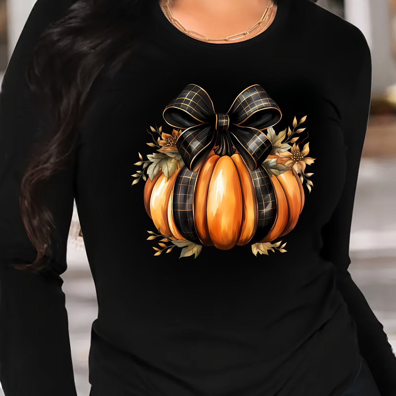 TEMU Women's Long Sleeve T-shirt, Pumpkin With Black Bowknot, Casual Round Neck, Polyester, Stretch Knit Fabric, Cartoon Pattern, Sports & Outdoor Apparel