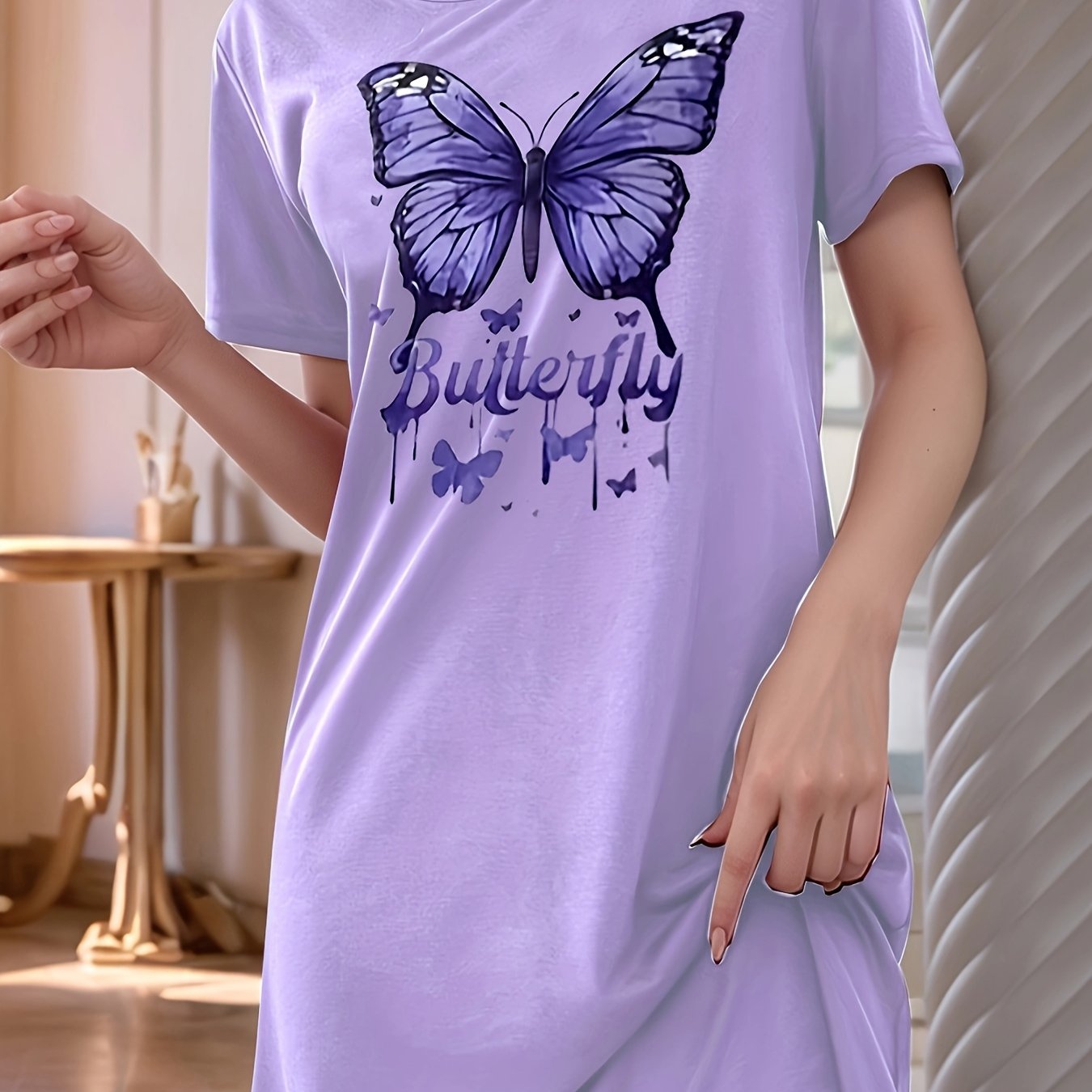 Women's Short Sleeve Round Neck Heart Cartoon Nightdress