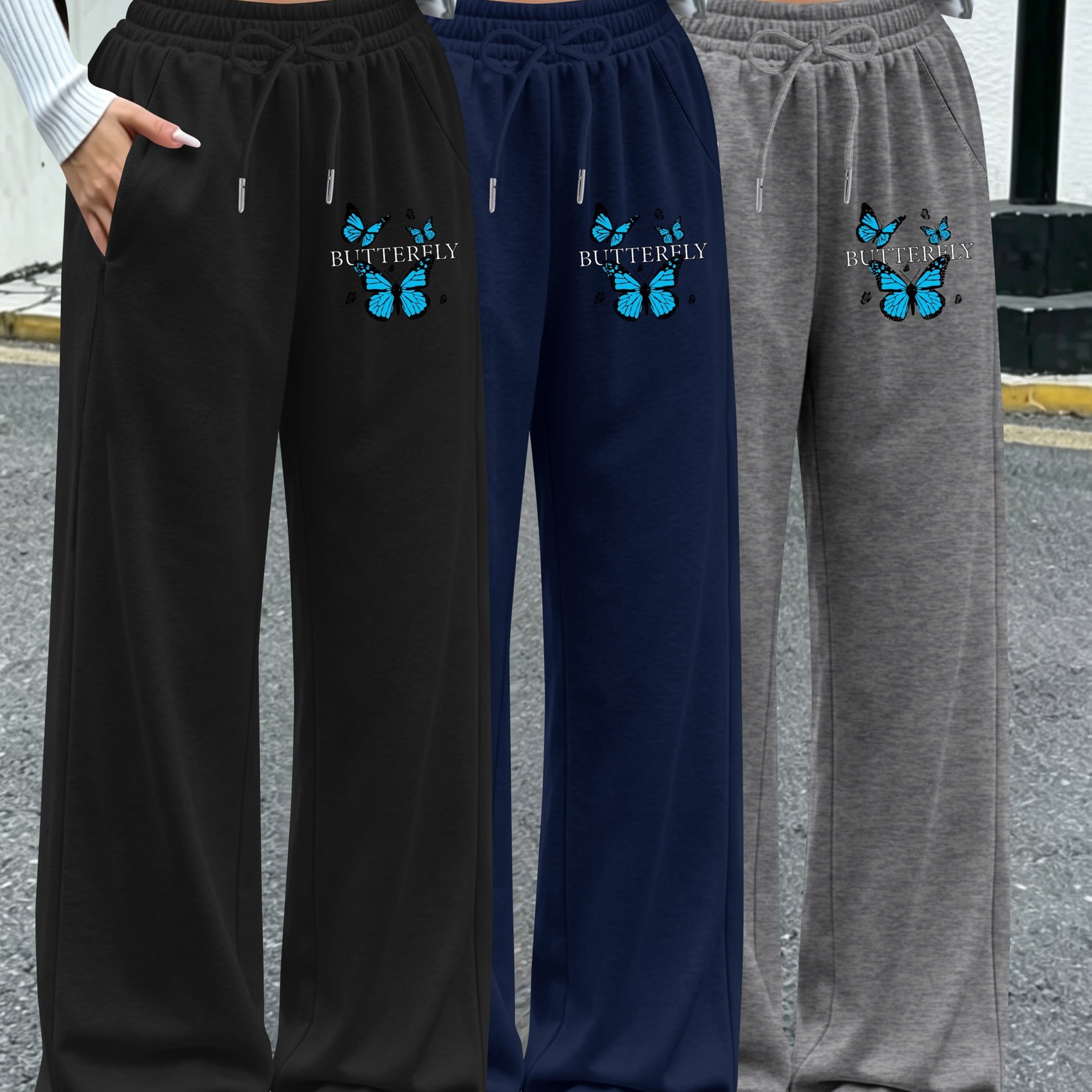 TEMU 3-pack Women's Pants, Elastic Waist Wide-leg Casual Trousers With Side Pockets. Suitable For Daily Wear & Semi-formal Occasions Printed Craft