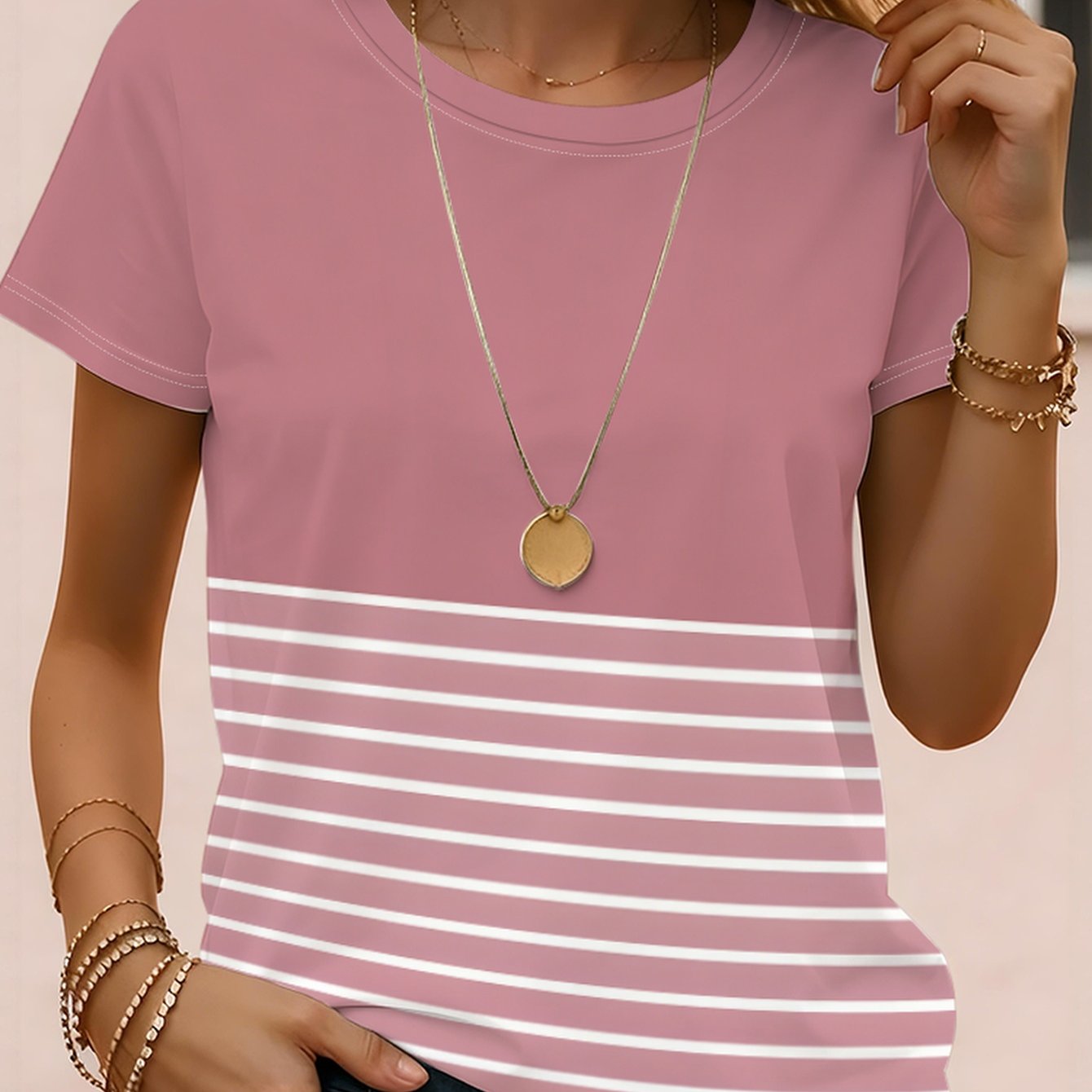 TEMU [printed Design-not Textured] Pink Striped Easy, /summer Round-neck Short-sleeve Women's Top, Comfortable And Stylish, Suitable For Daily Wear