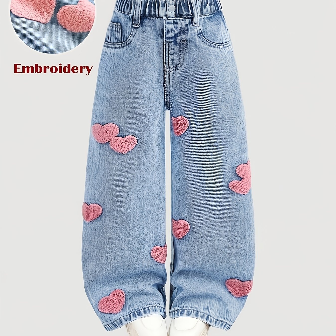 TEMU Kids' Jeans, Suitable For Children Under Years Old. Heart-embroidered Jeans Casual And Versatile Jeans Feature Embroidered Details, Soft And